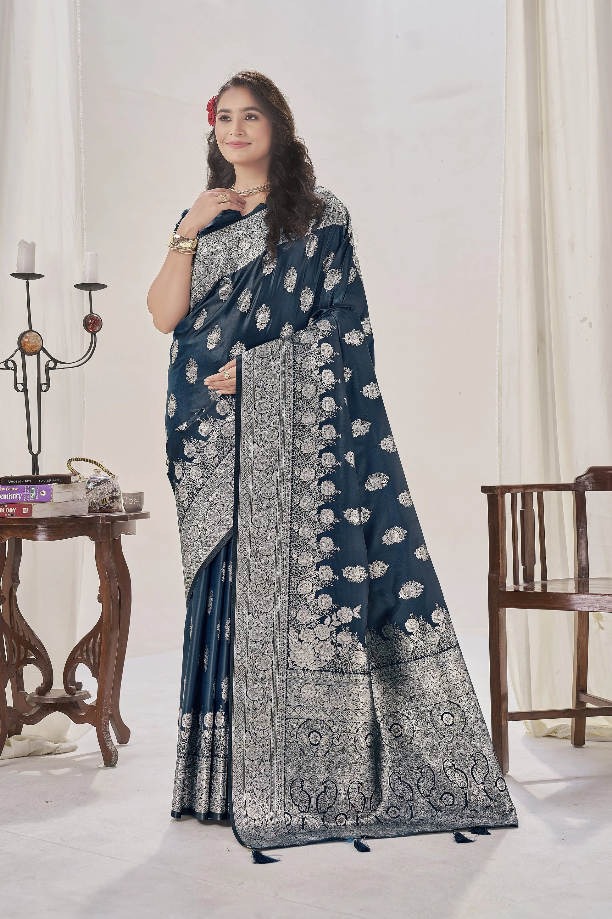 Navy Blue WovenSatin Silk Saree - VELIZAA