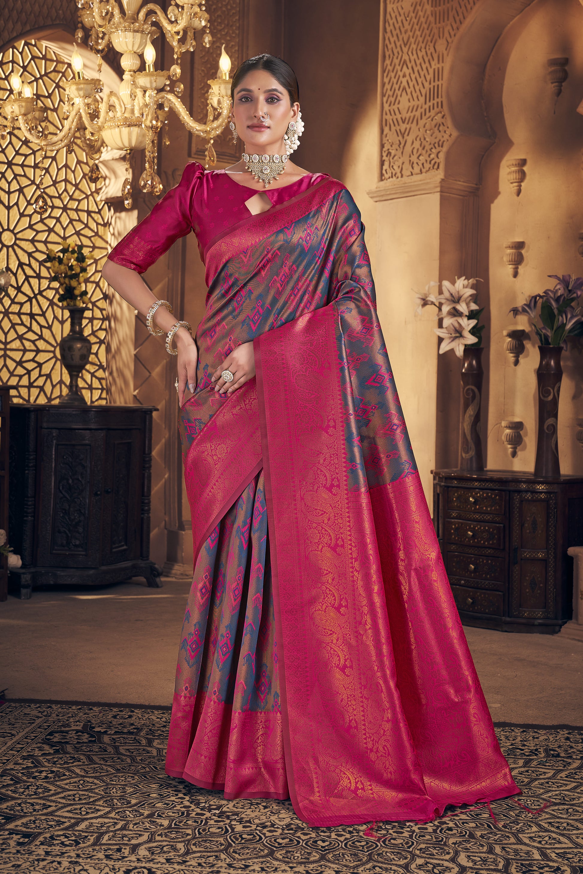 Grey & Hot Pink Kanjivaram Silk Saree - VELIZAA