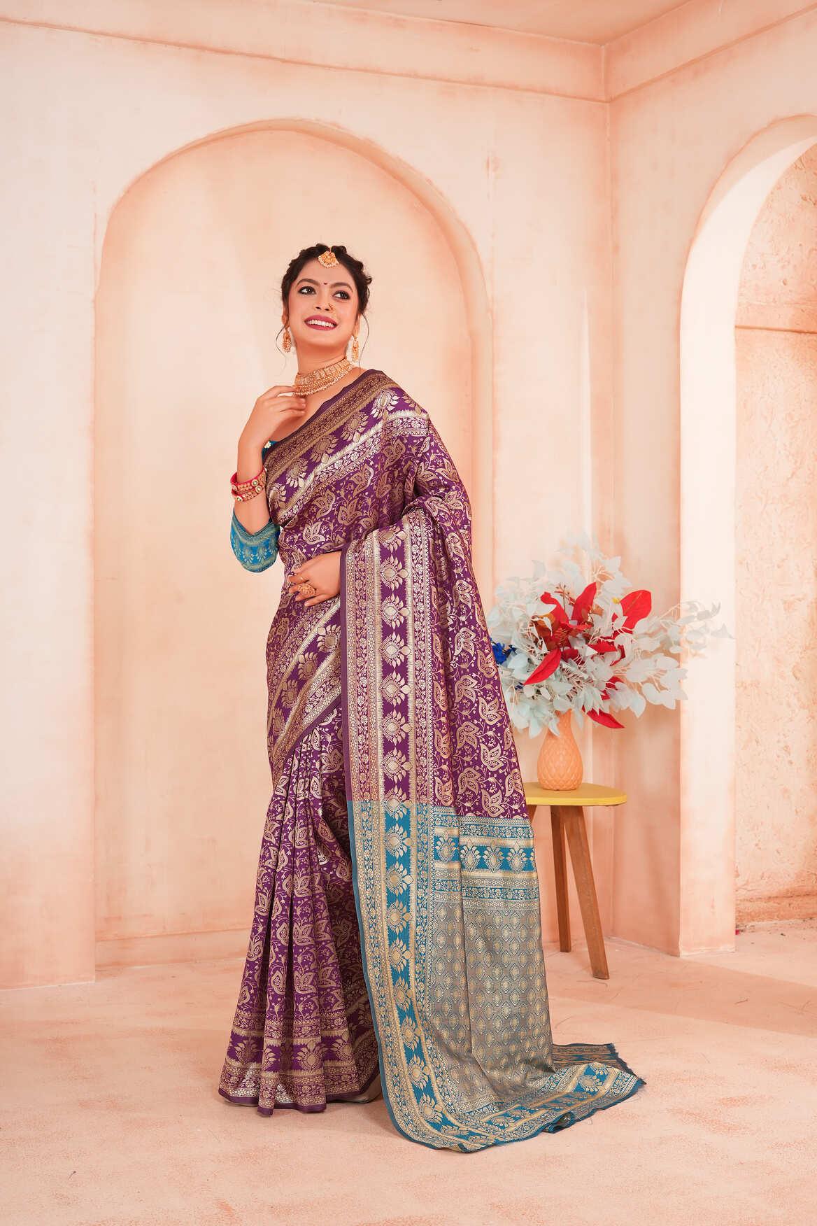 Purple Gold Woven Banarasi Silk Saree - VELIZAA