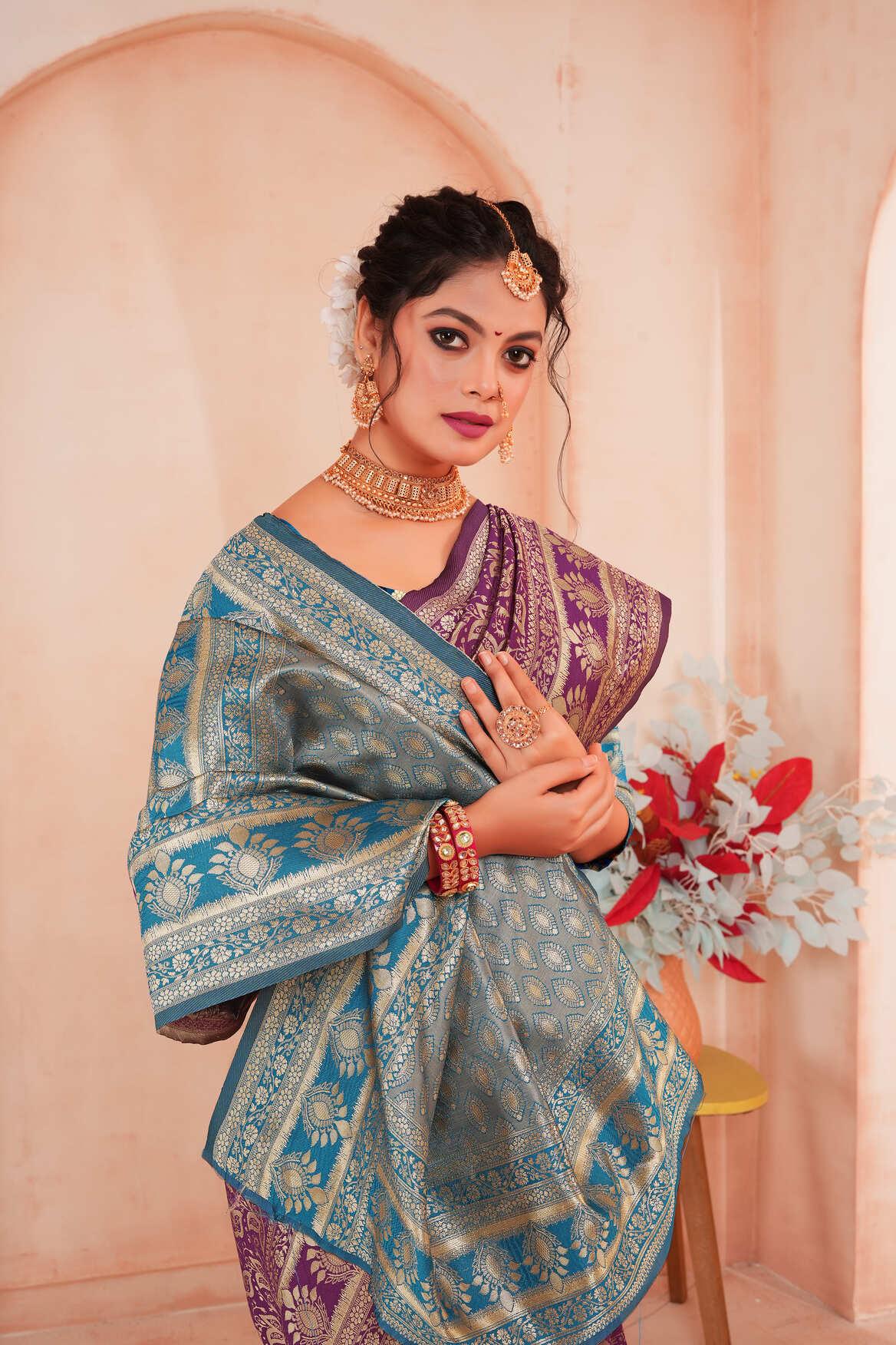 Purple Gold Woven Banarasi Silk Saree - VELIZAA