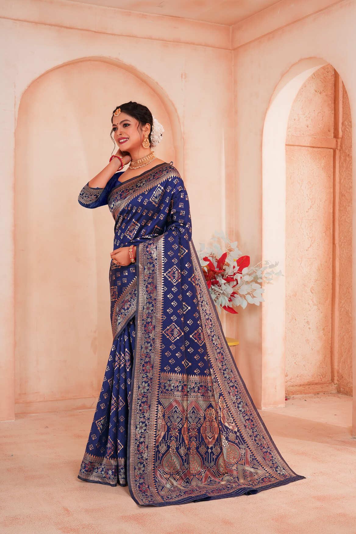 Royal Blue Woven Patola Style Banarasi Silk Saree - VELIZAA