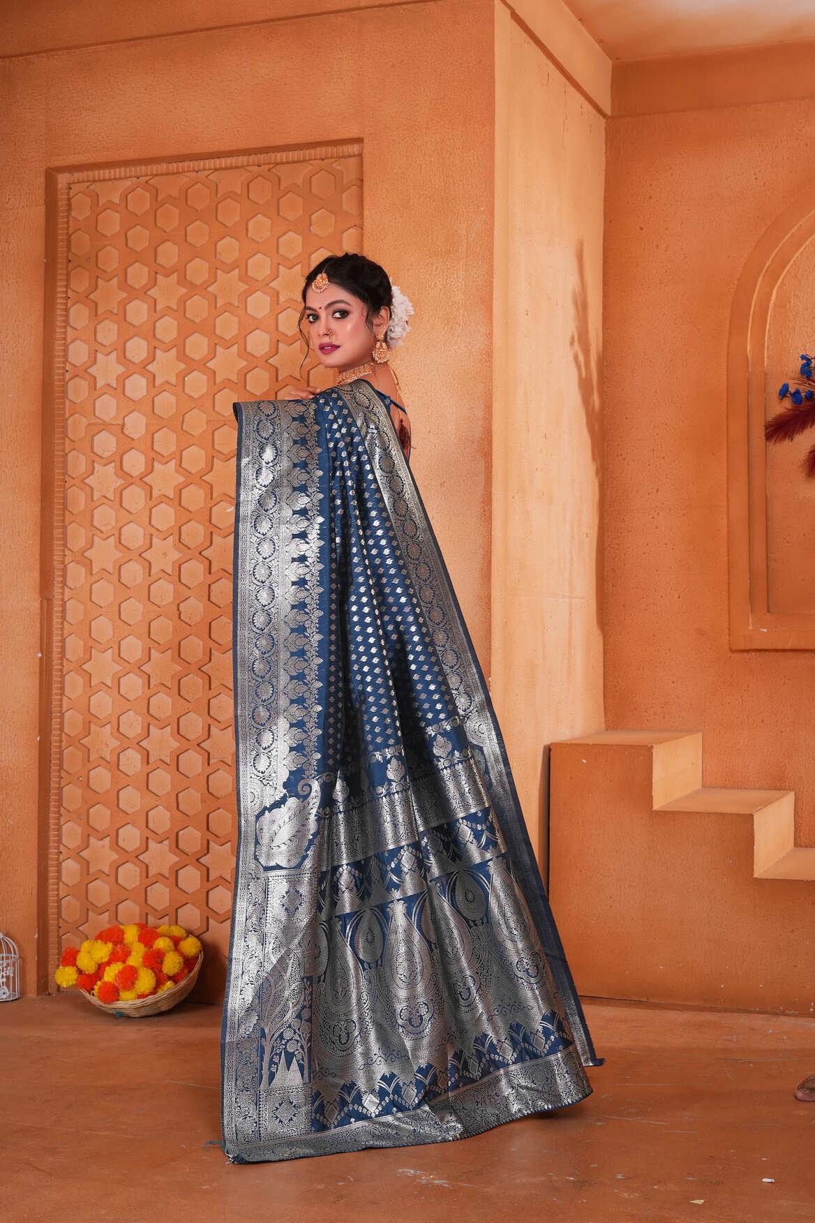 Midnight Blue Woven Patola Style Banarasi Silk Saree - VELIZAA