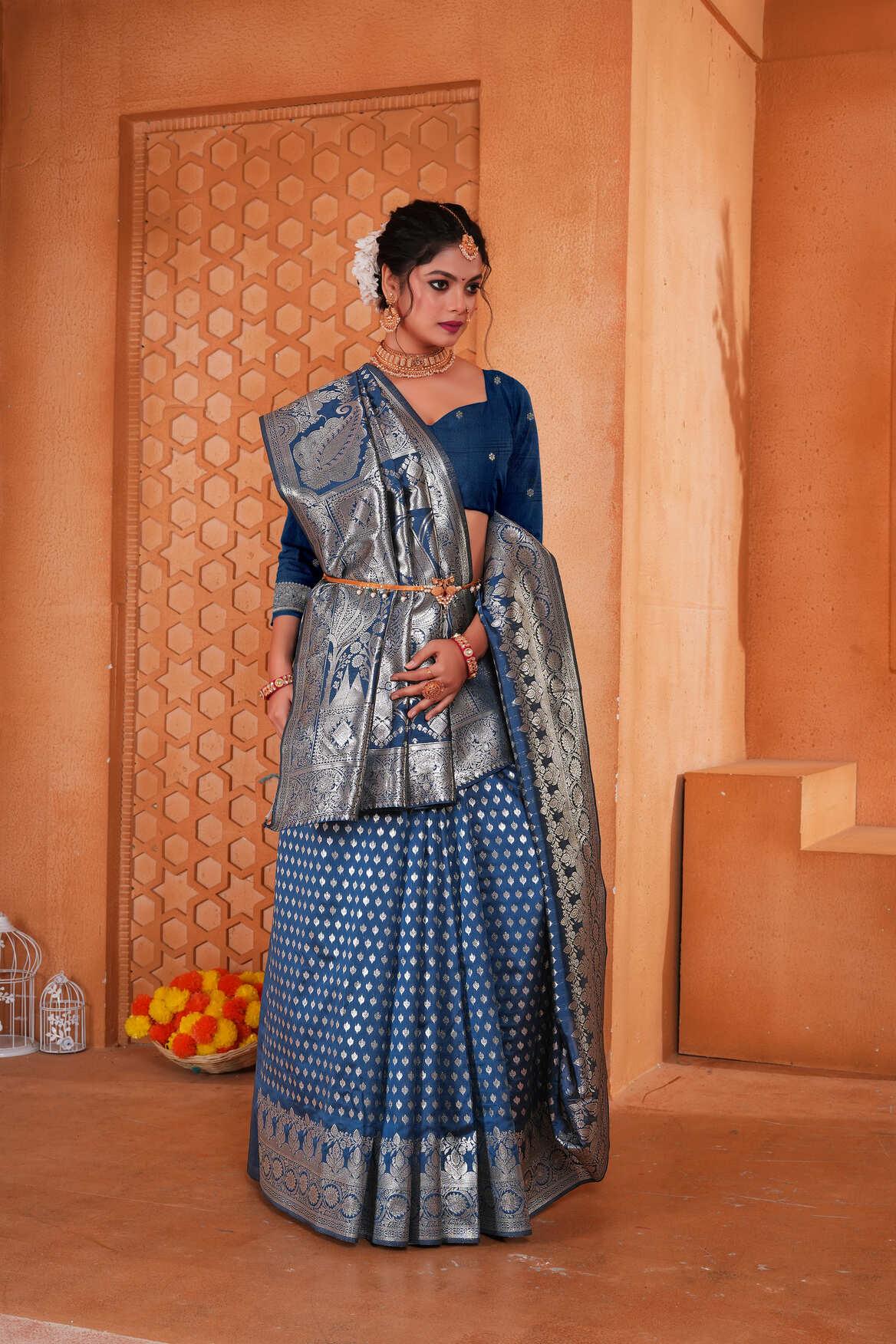 Midnight Blue Woven Patola Style Banarasi Silk Saree - VELIZAA
