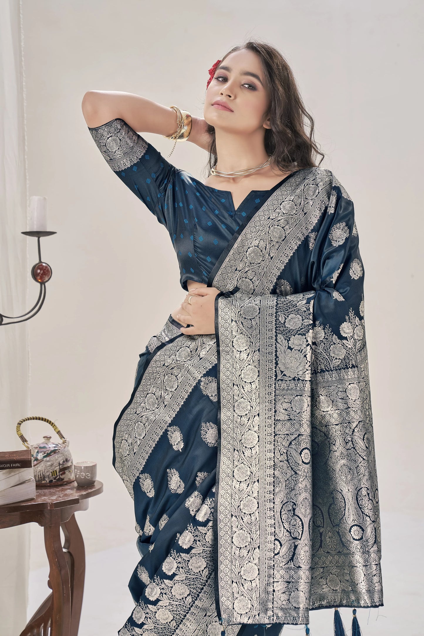 Navy Blue WovenSatin Silk Saree - VELIZAA