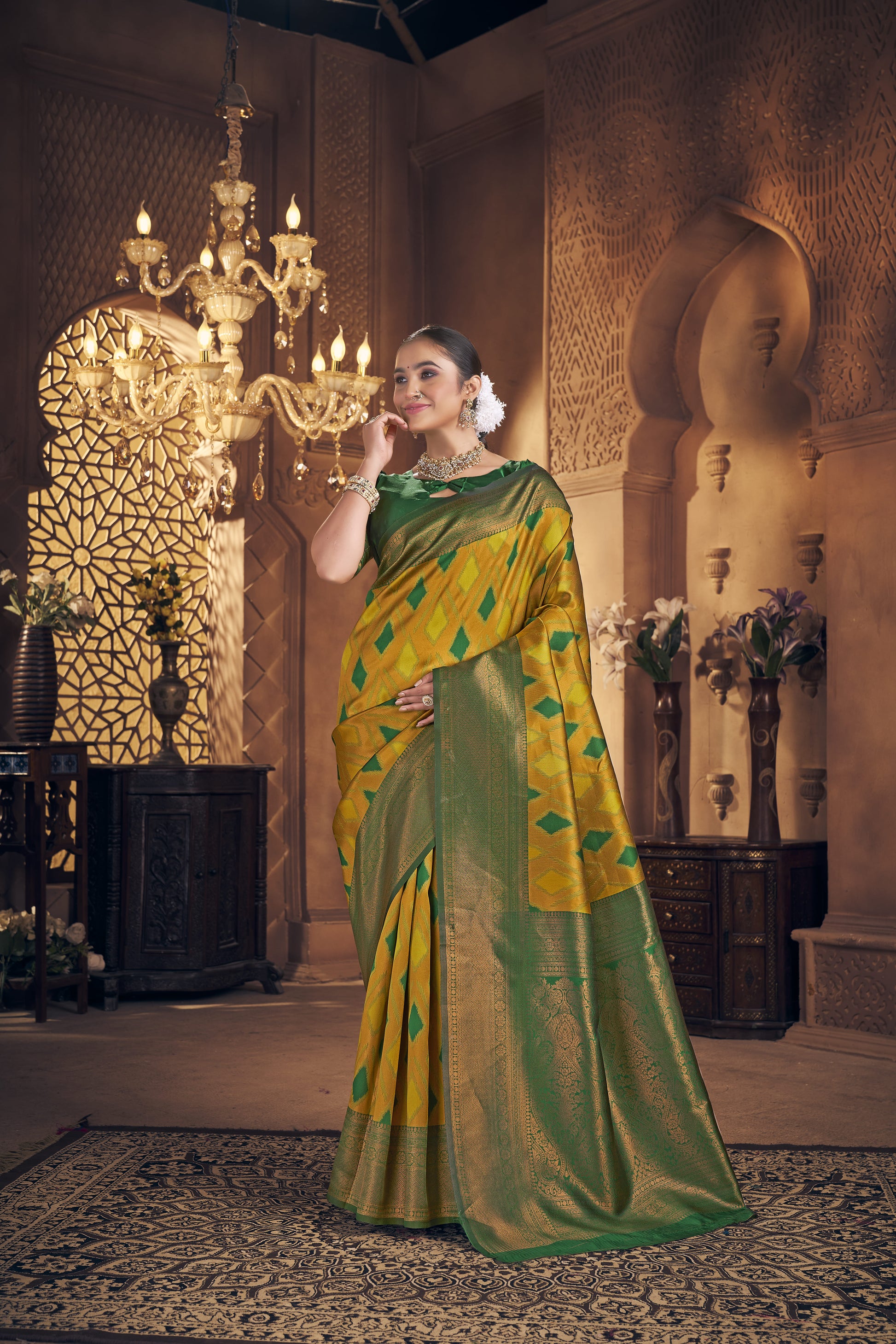 Mustard Yellow & Emerald Green Kanjivaram Silk Saree - VELIZAA