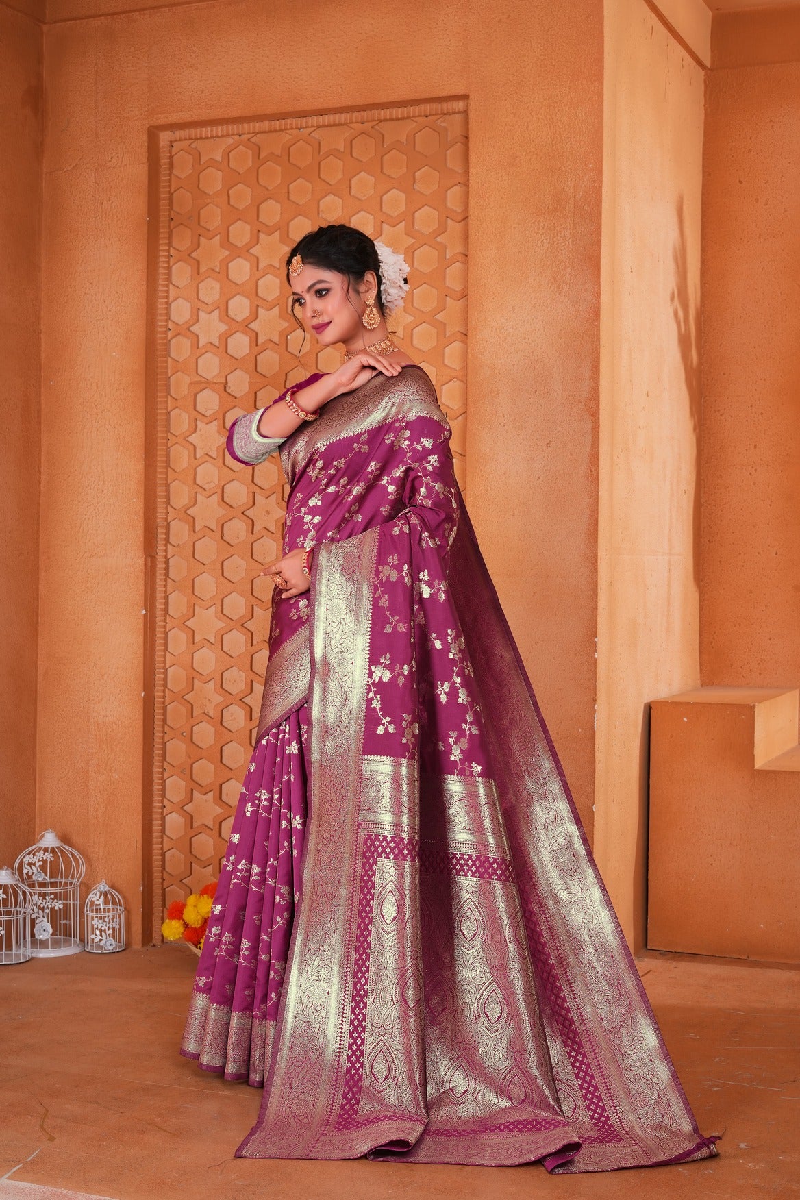 Magenta Pink Woven Banarasi Silk Saree