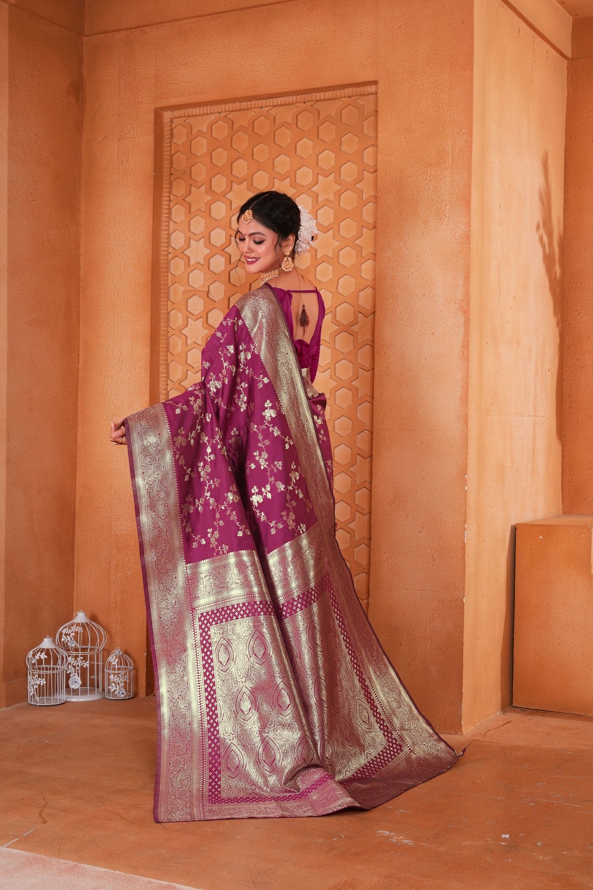 Magenta Pink Woven Banarasi Silk Saree