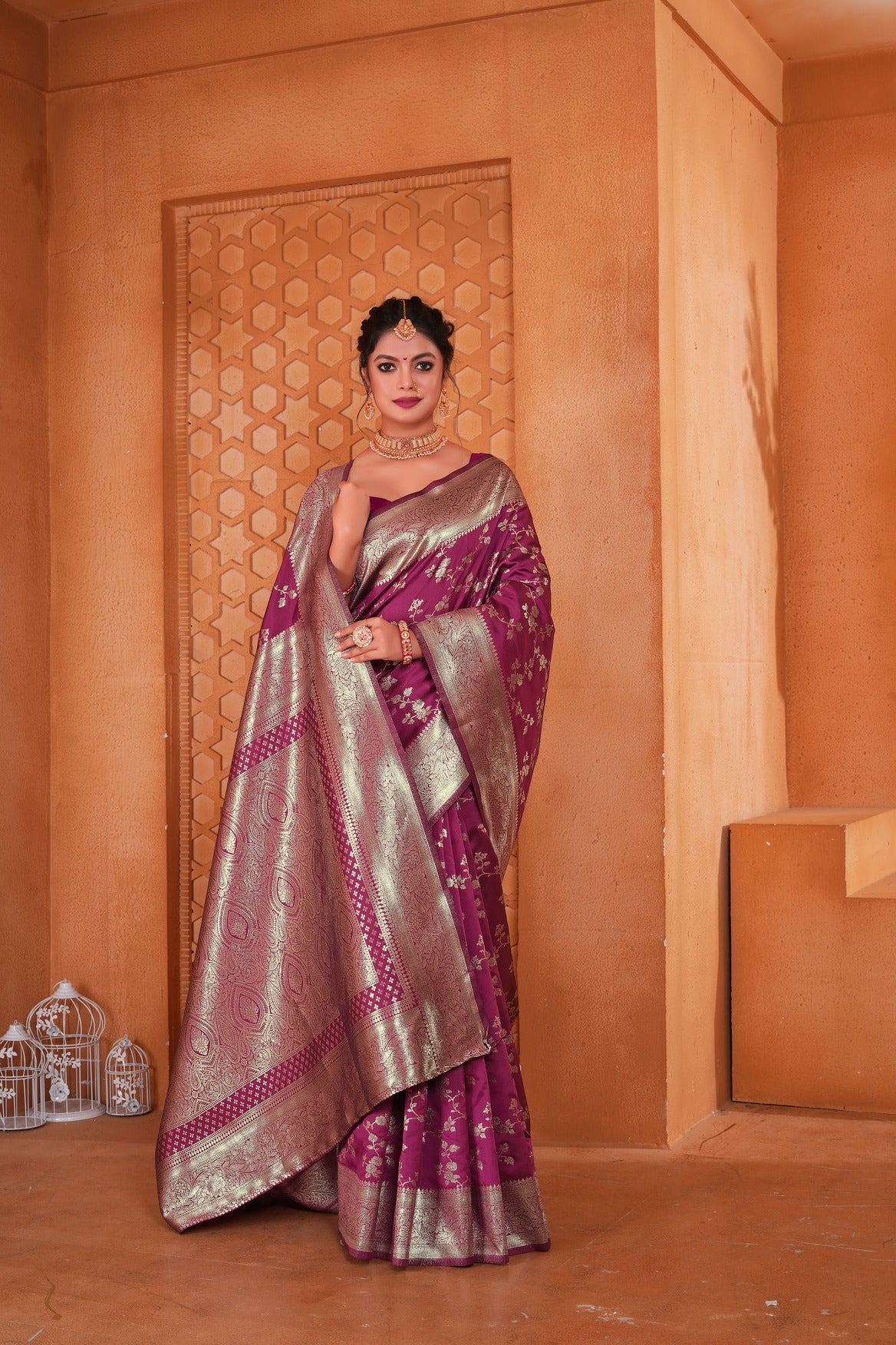 Magenta Pink Woven Banarasi Silk Saree