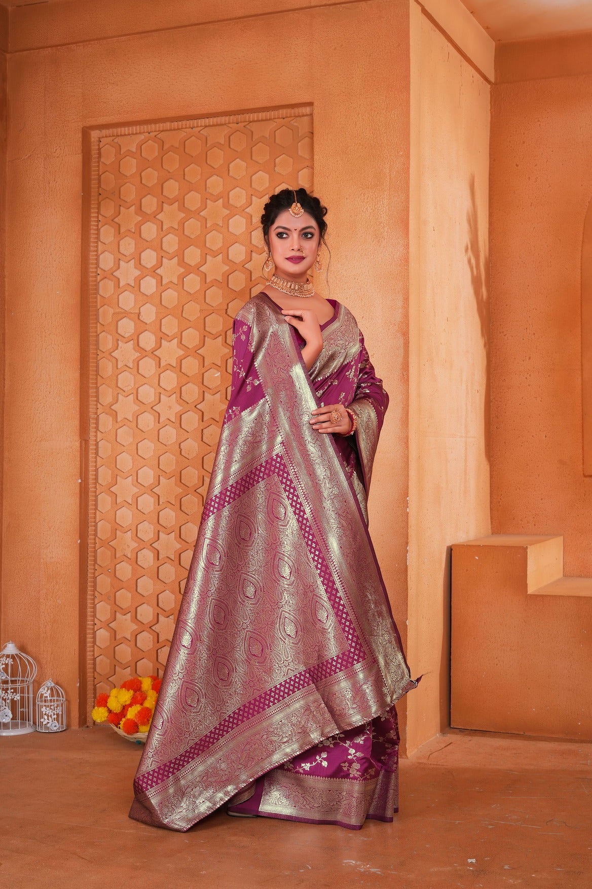 Magenta Pink Woven Banarasi Silk Saree