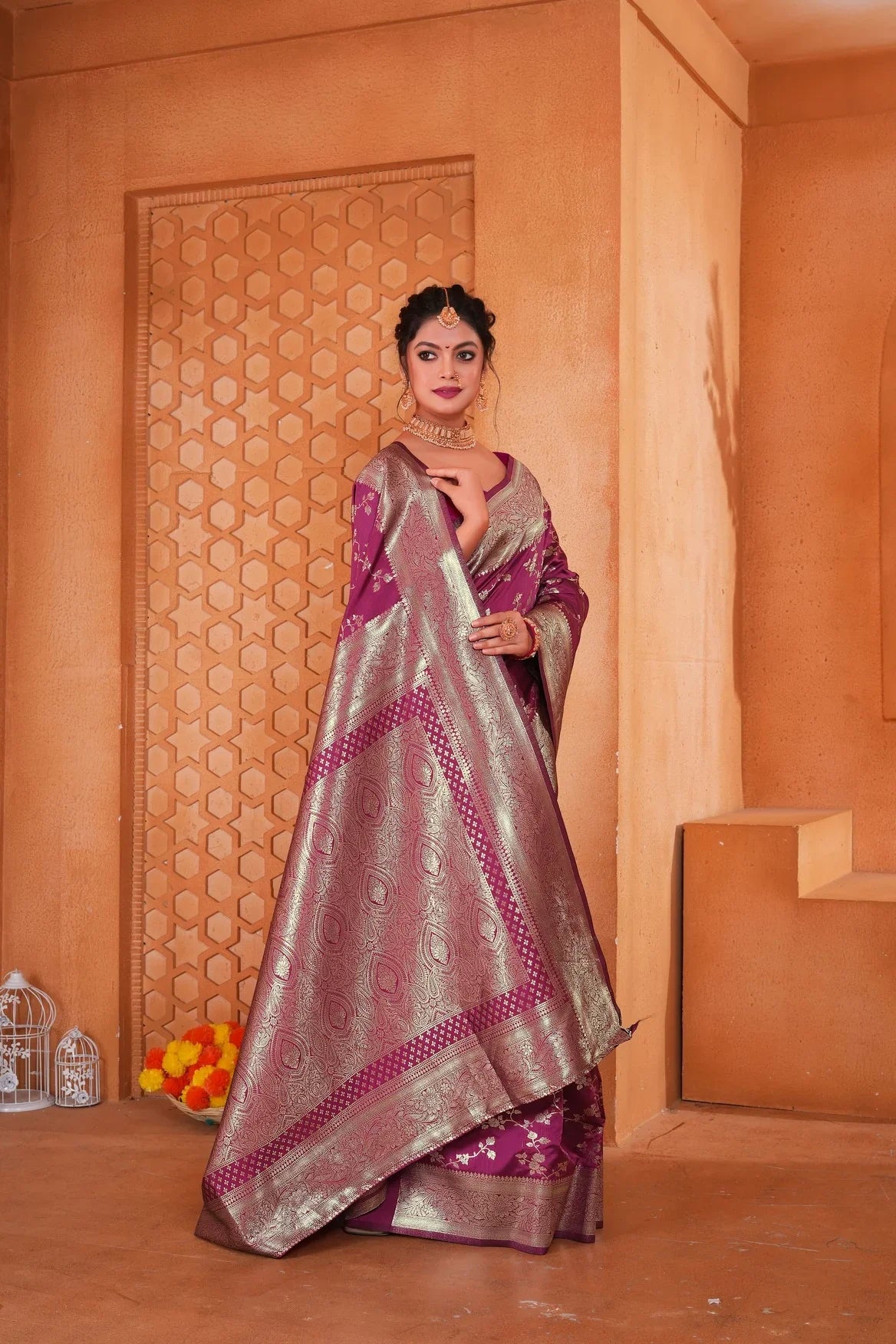 Magenta Pink Woven Banarasi Silk Saree - VELIZAA