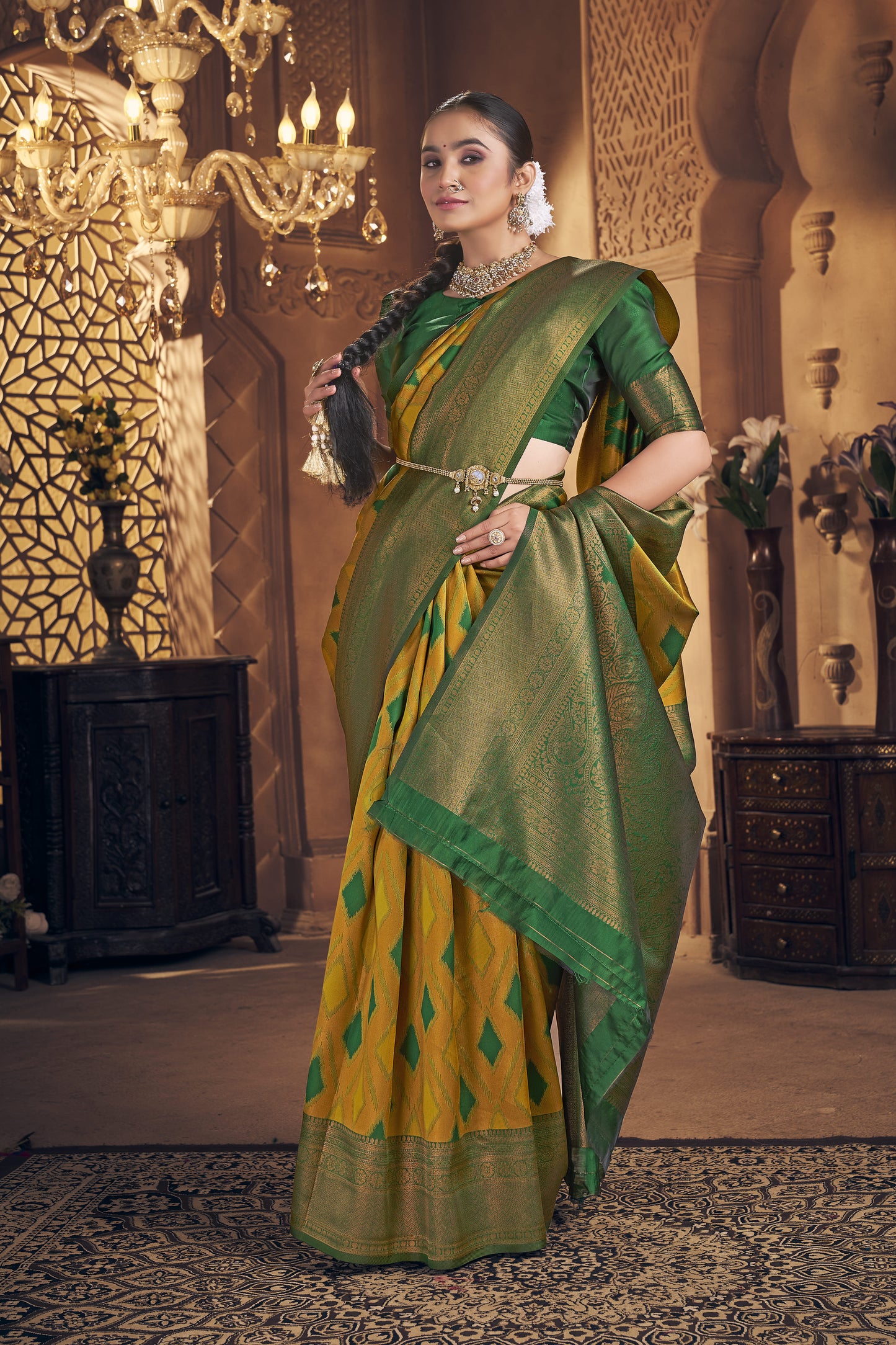 Mustard Yellow & Emerald Green Kanjivaram Silk Saree