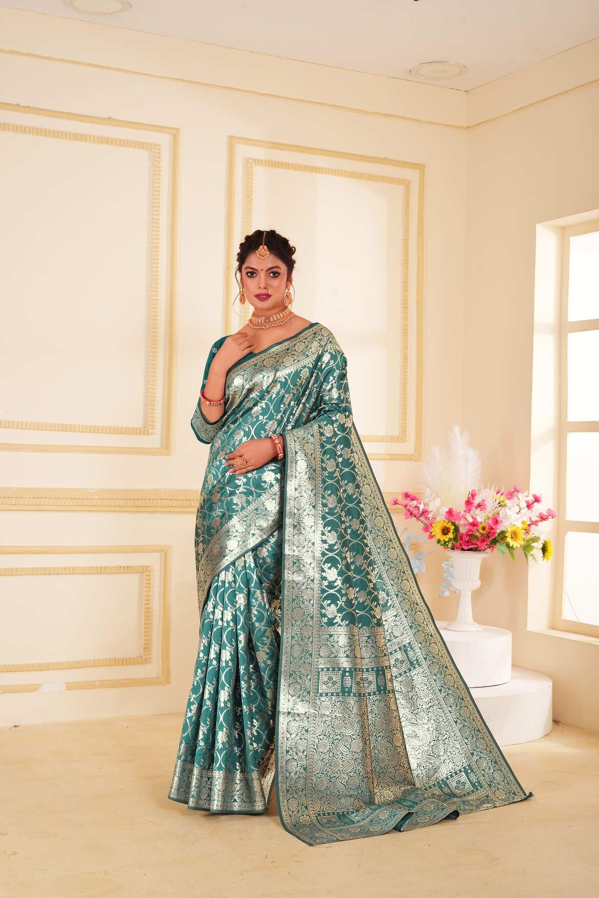 Emerald Green Woven Banarasi Silk Saree - VELIZAA