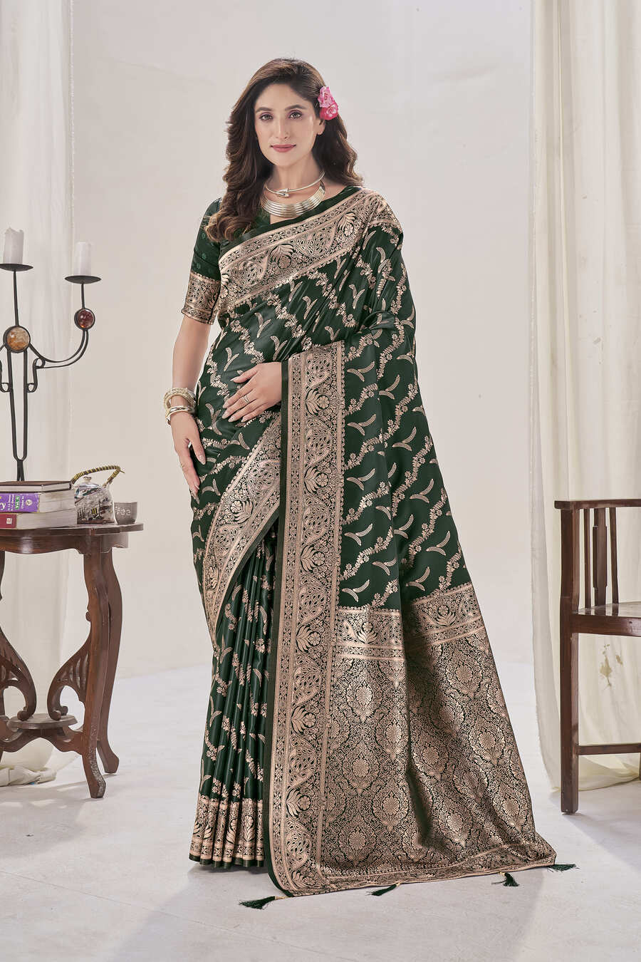 Dark Green WovenSatin Silk Saree - VELIZAA