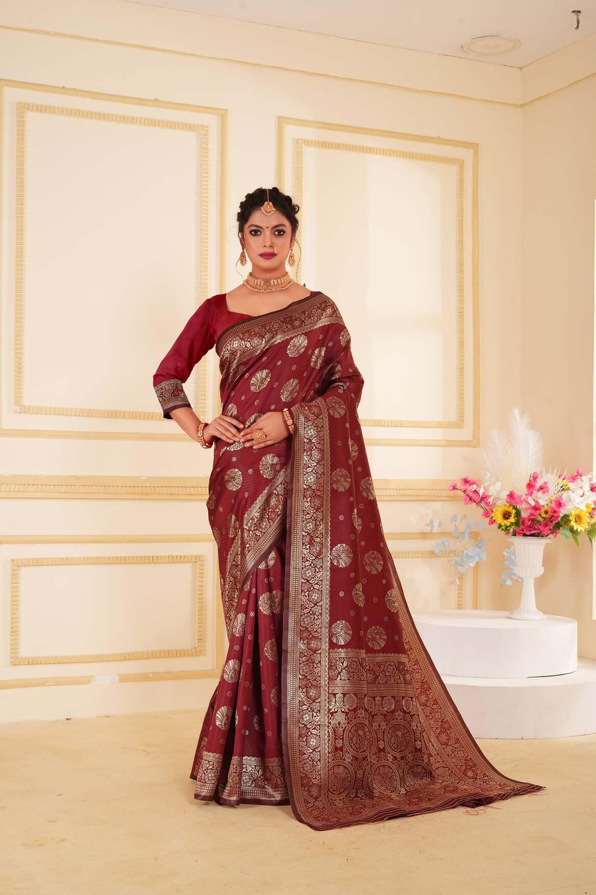 Maroon Woven Banarasi Silk Saree - VELIZAA