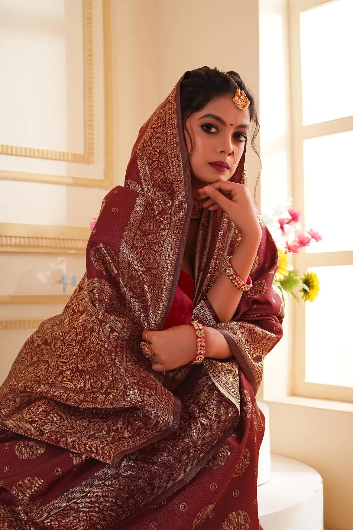 Maroon Woven Banarasi Silk Saree - VELIZAA