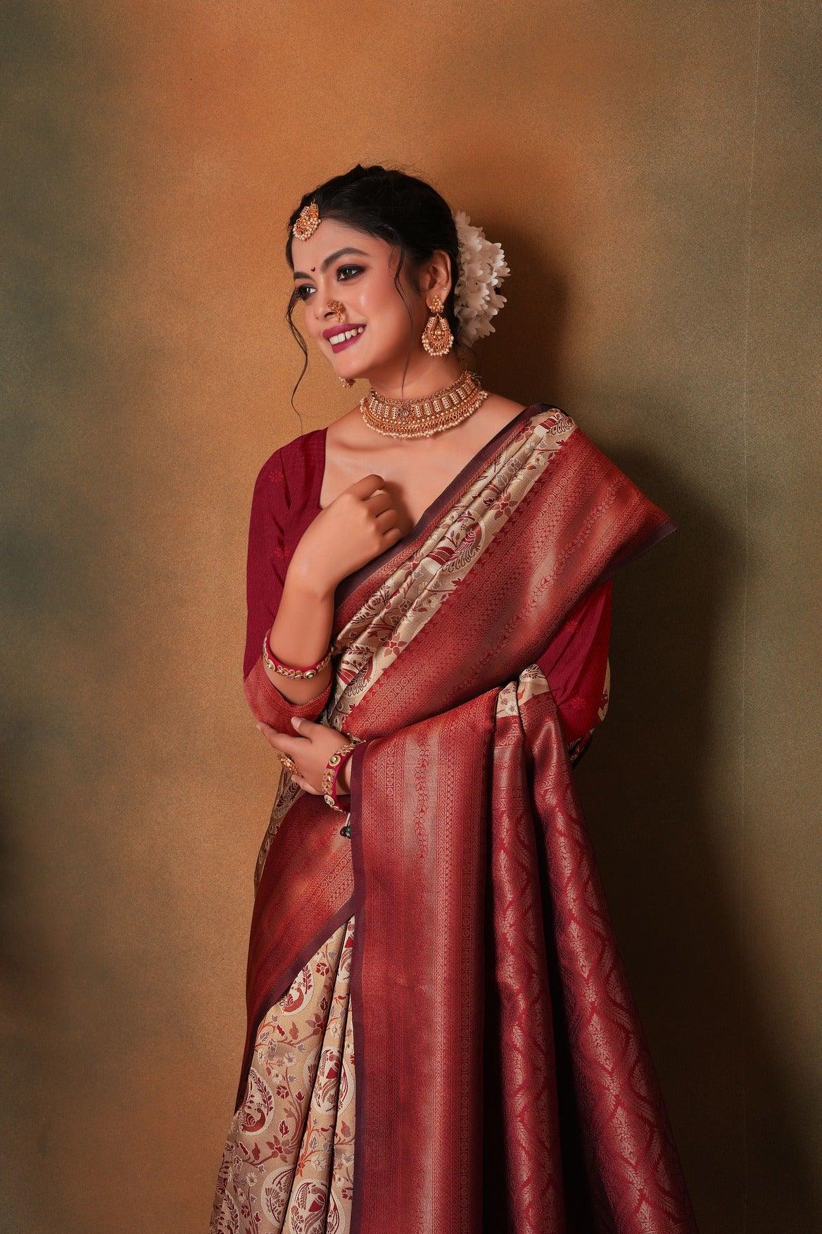 Rust Orange Woven Kanjivaram Silk Saree - VELIZAA