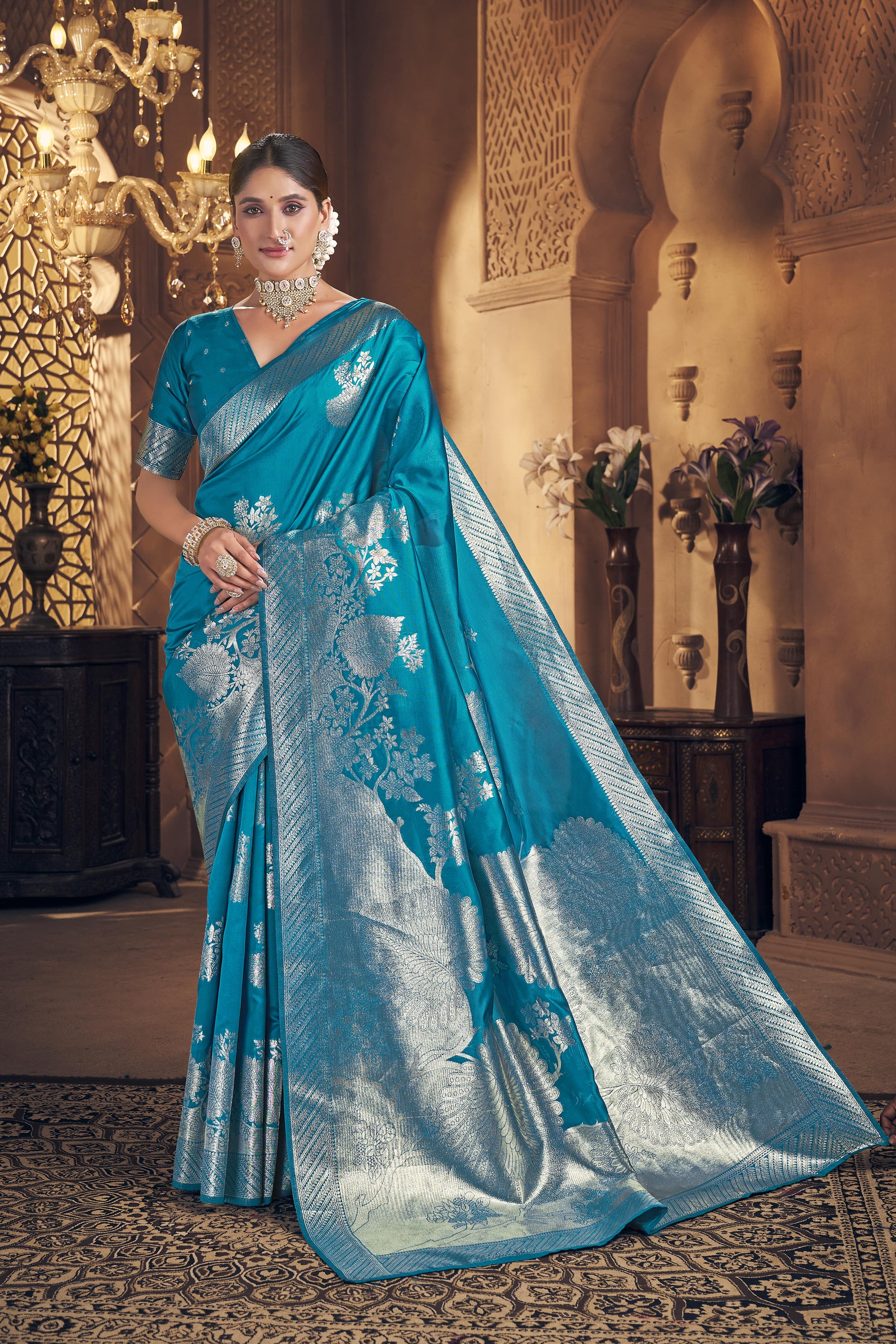 Blue Woven Banarasi Silk Saree - VELIZAA