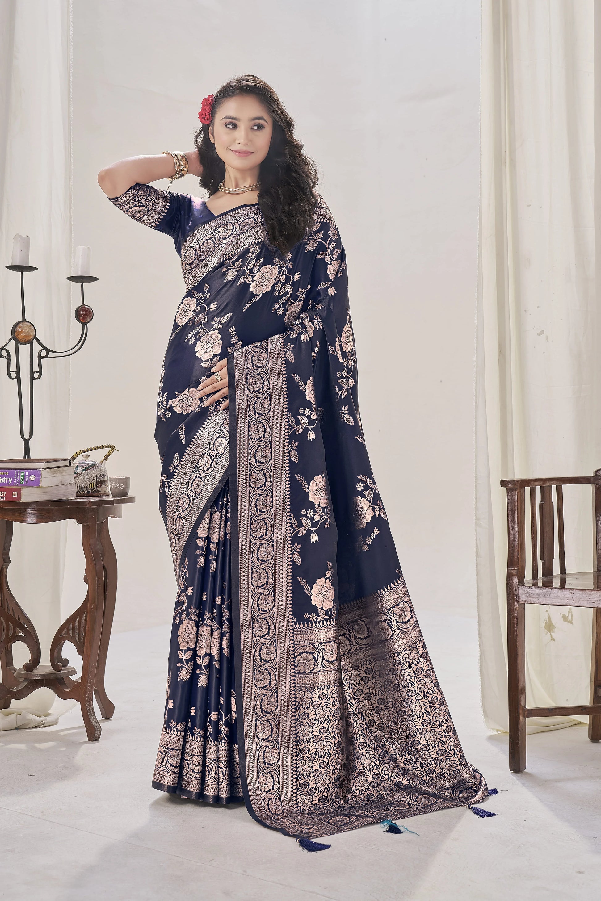 Navy Blue Woven Satin Silk Saree - VELIZAA