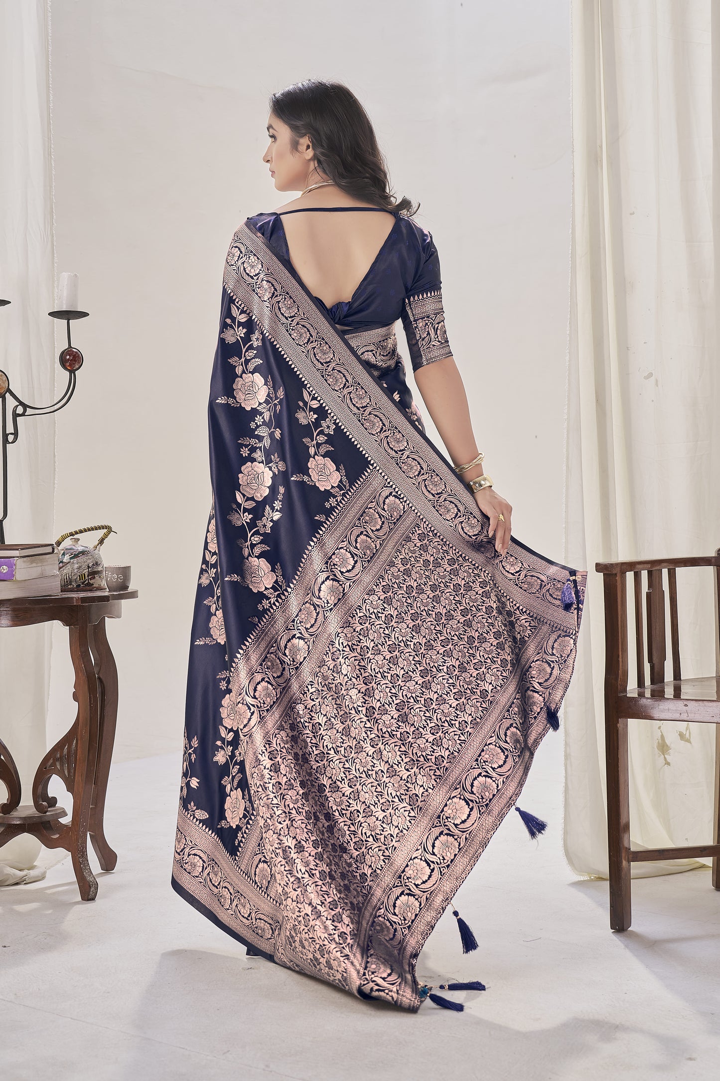 Navy Blue Woven Satin Silk Saree
