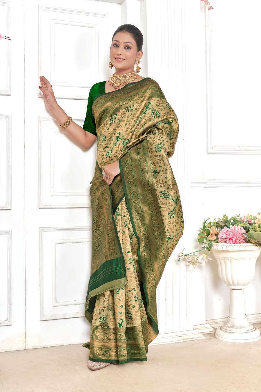 Beige & Green Kanjivaram Silk Saree