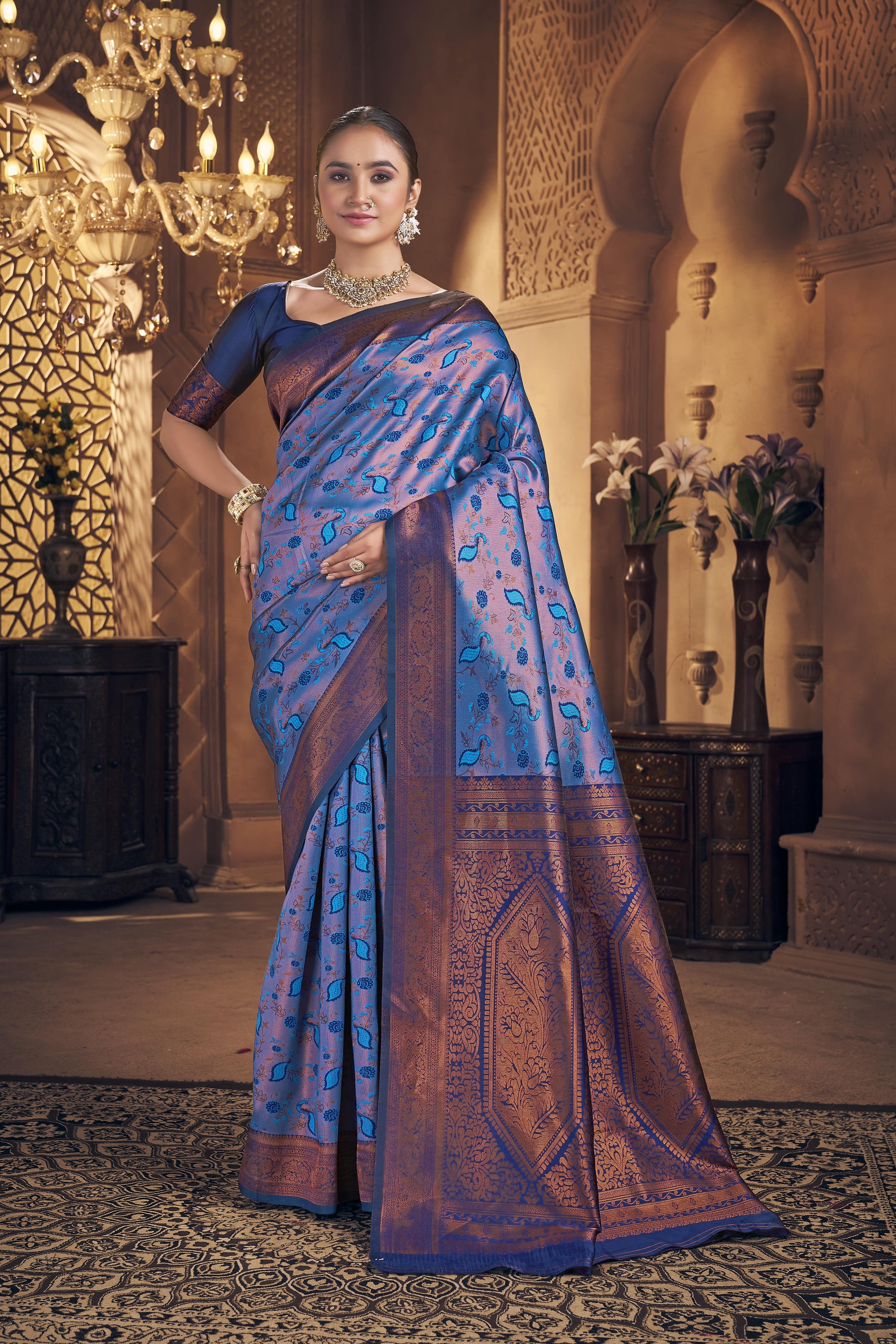 Royal Blue Woven Banarasi Silk Saree - VELIZAA