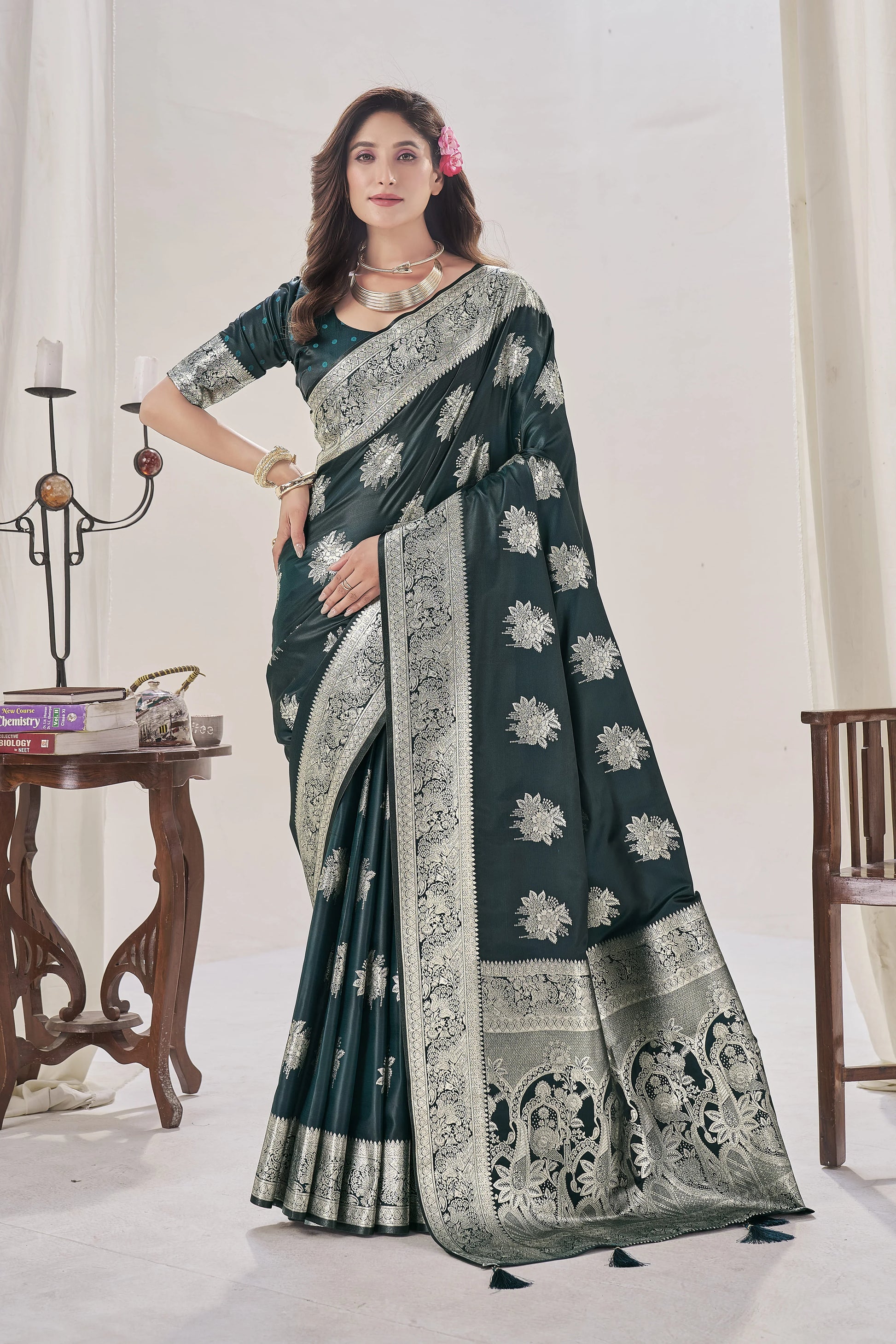 Rama Green Woven Satin Silk Saree - VELIZAA