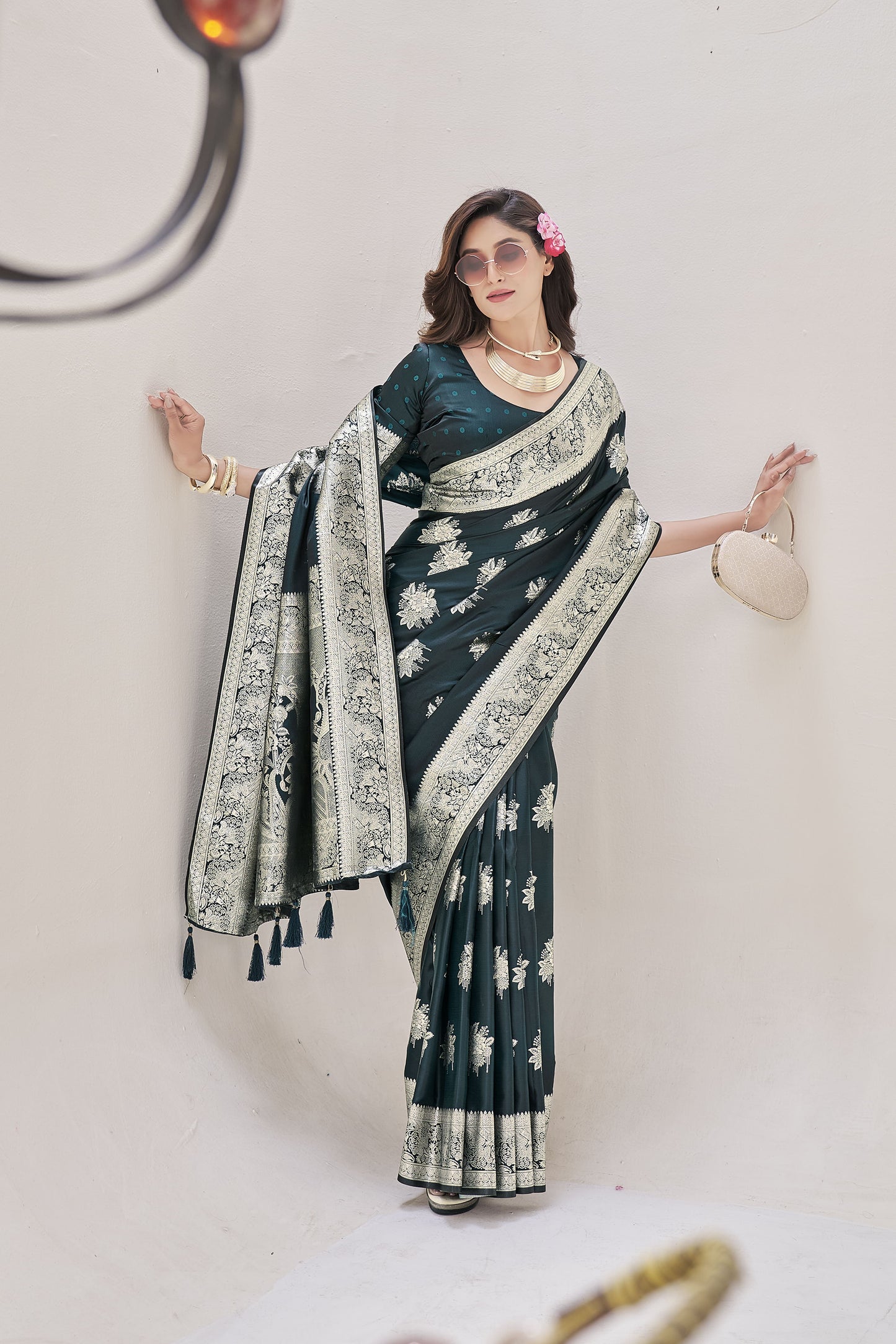 Rama Green Woven Satin Silk Saree