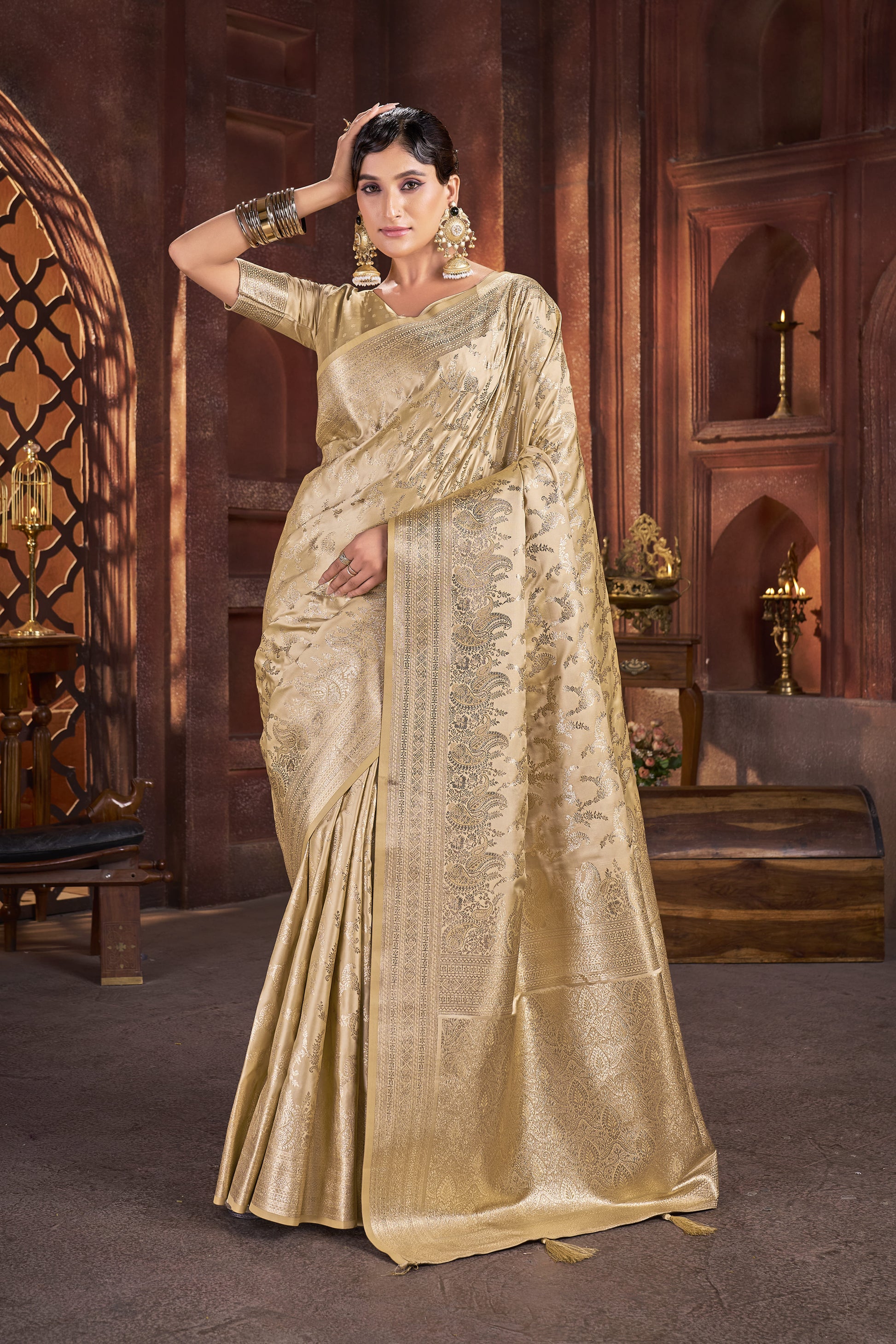 Regal Gold Satin Silk Saree with Antique Zari Weave - VELIZAA