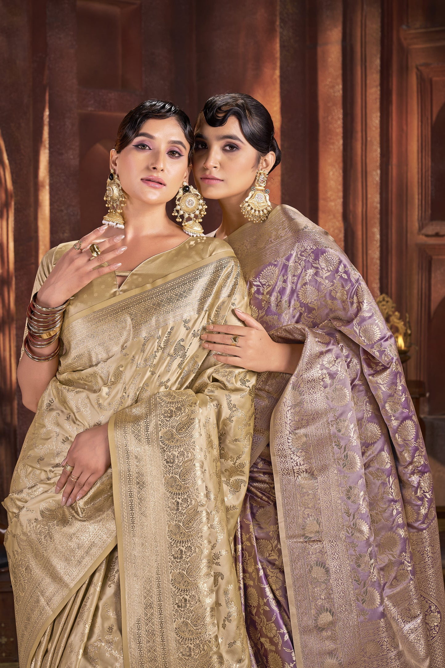 Lavender Gold Satin Silk Saree with Antique Zari