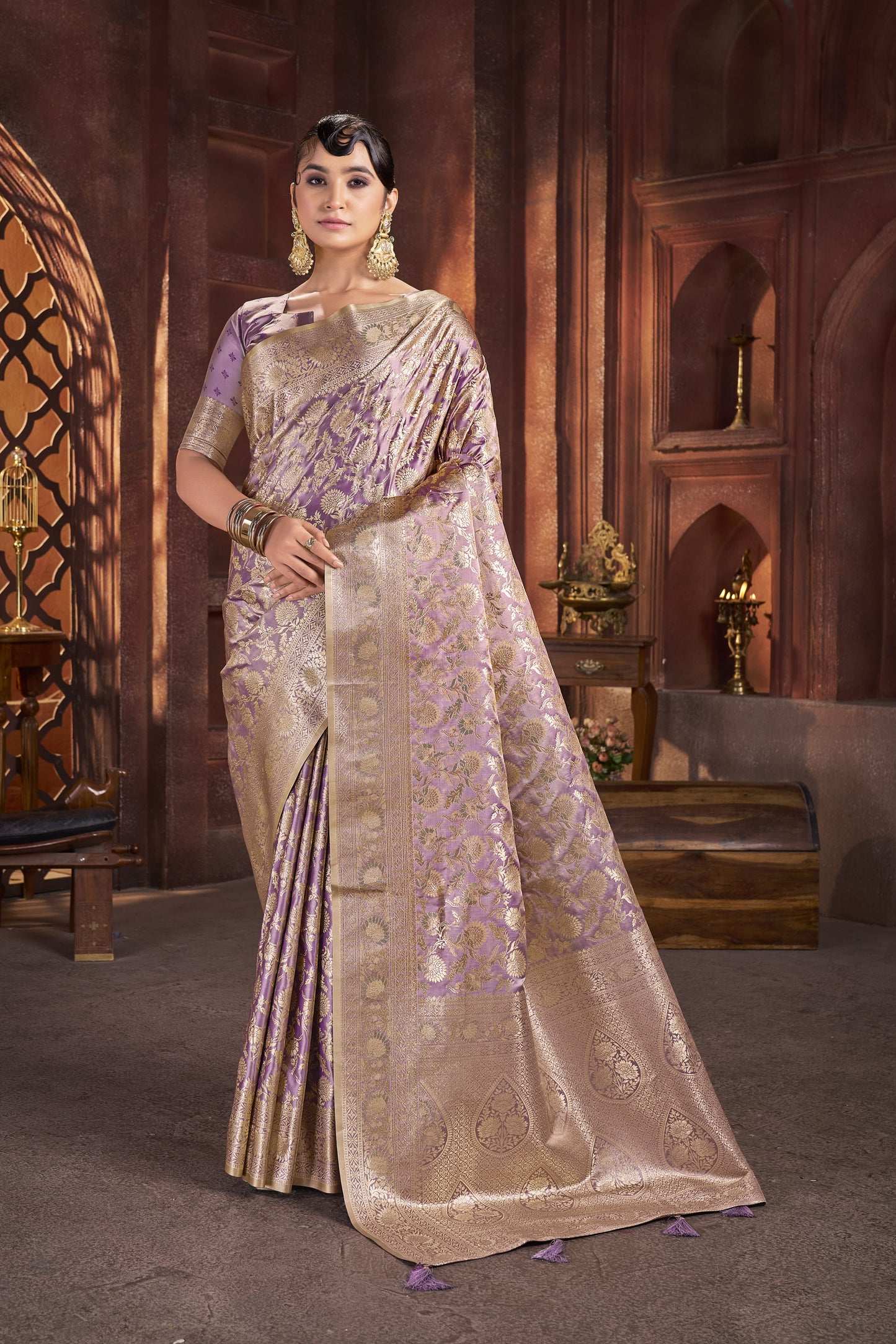 Lavender Gold Satin Silk Saree with Antique Zari