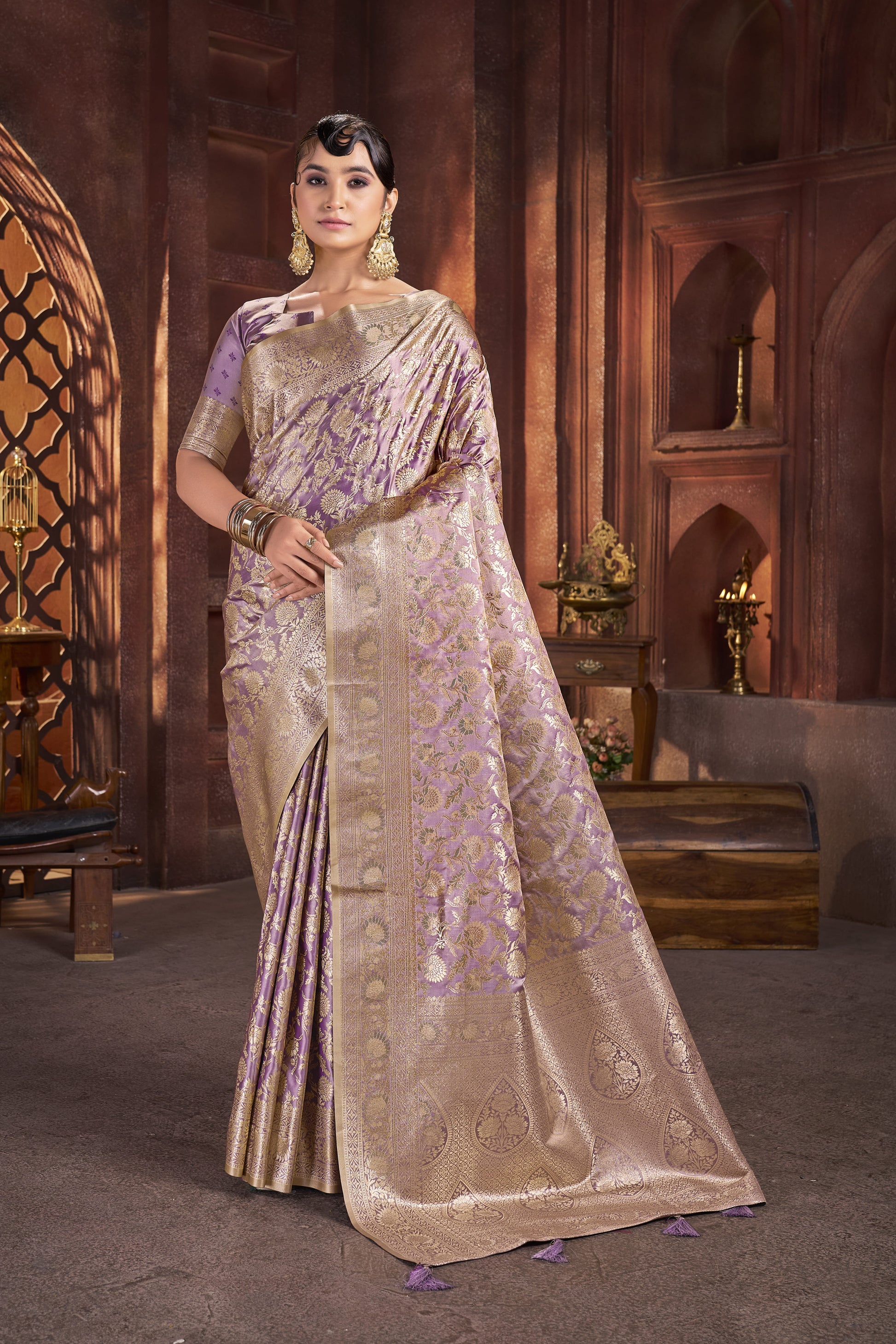 Lavender Gold Satin Silk Saree with Antique Zari - VELIZAA