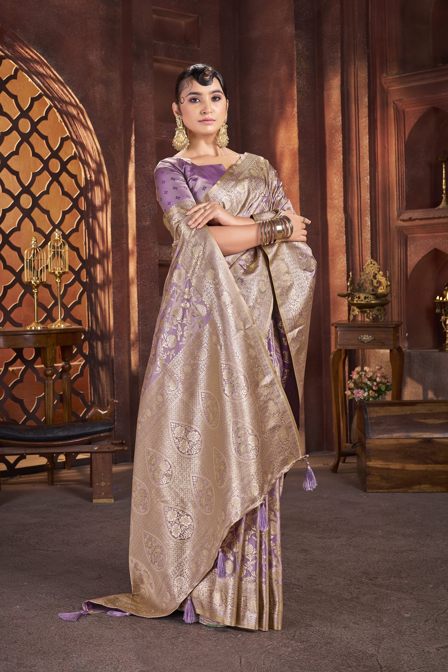 Lavender Gold Satin Silk Saree with Antique Zari
