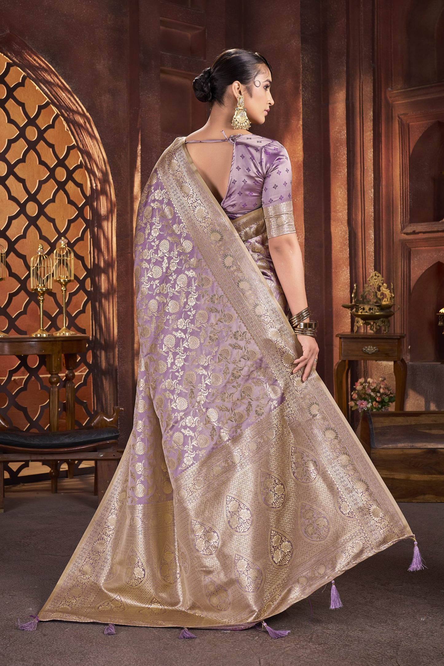 Lavender Gold Satin Silk Saree with Antique Zari