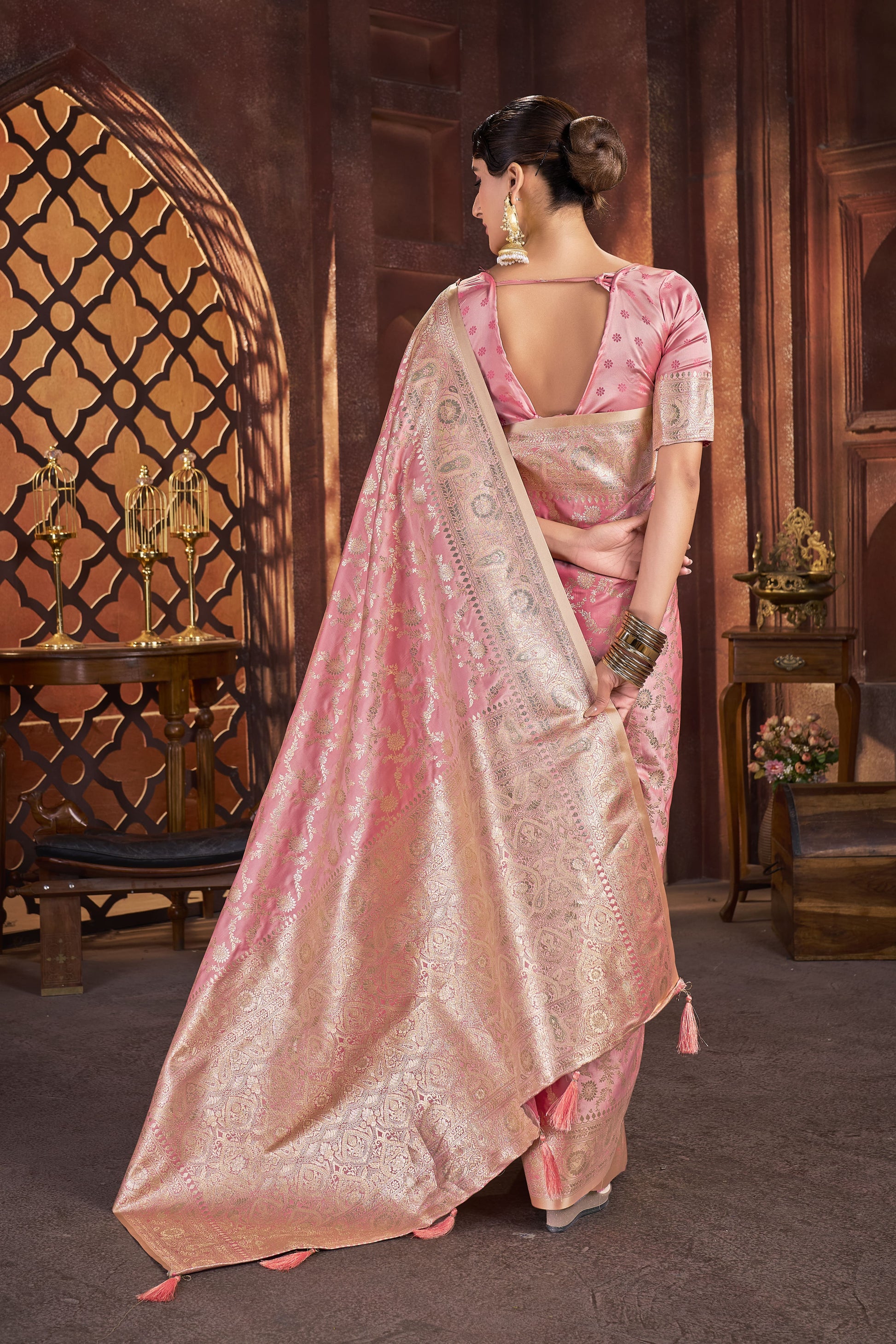 Blush Peach Pink Satin Silk Saree with Antique Zari - VELIZAA