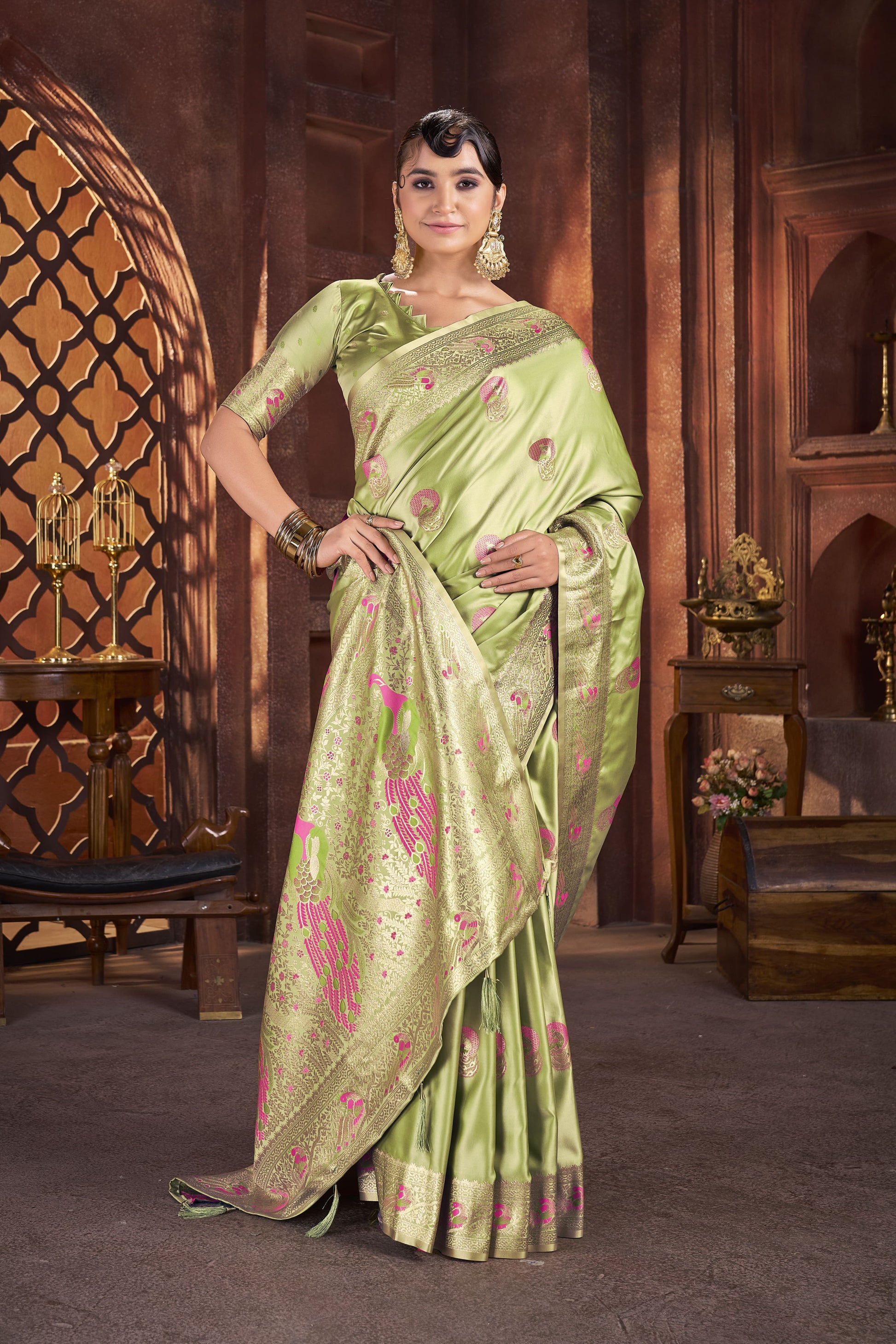 Parrot Green Satin Silk Saree with Pink Peacock Zari Work - VELIZAA