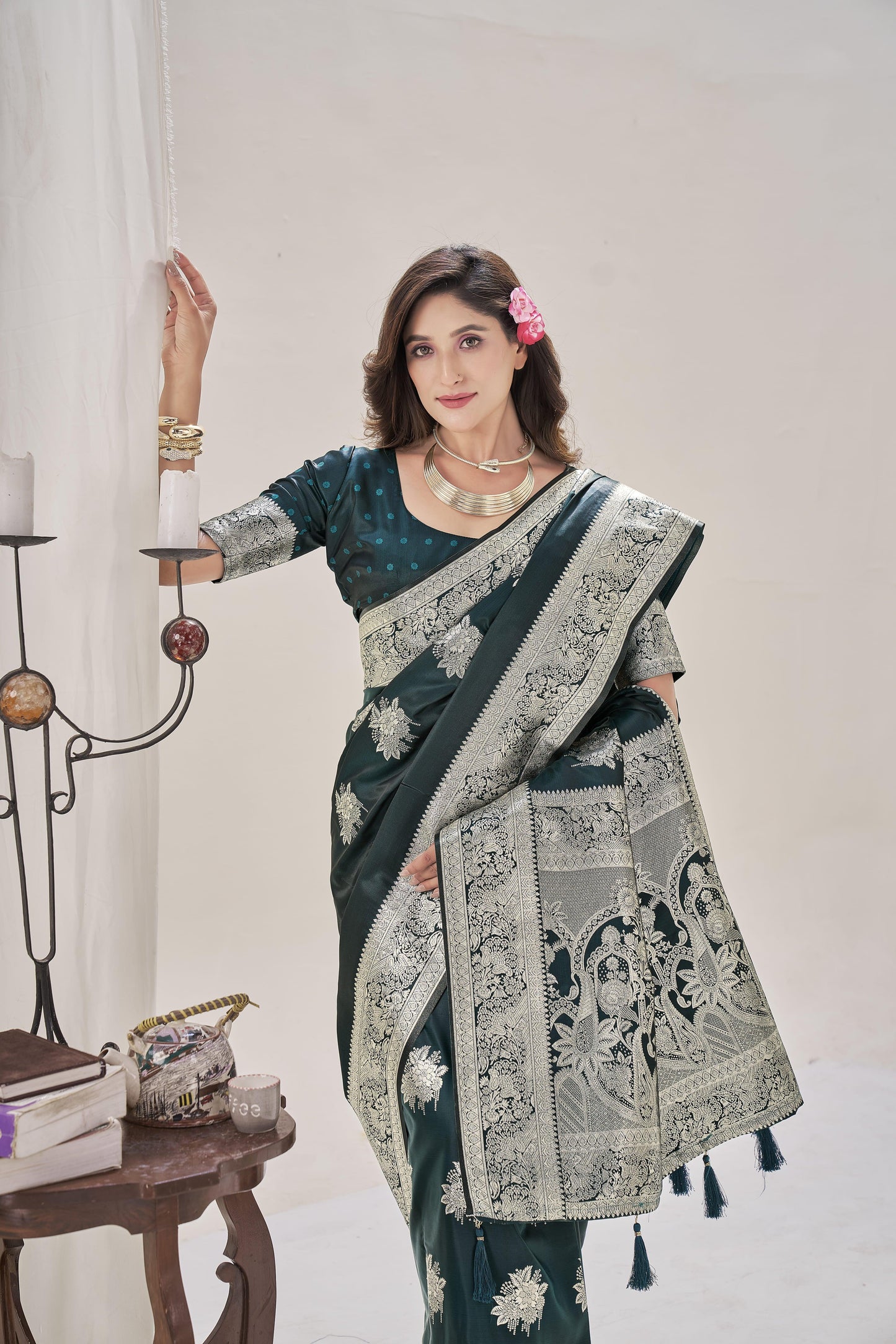 Rama Green Woven Satin Silk Saree - VELIZAA