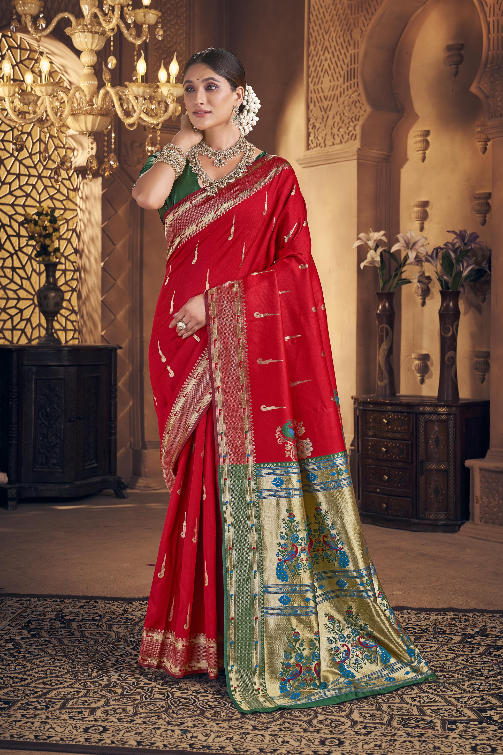 Red Woven Banarasi Silk Saree - VELIZAA