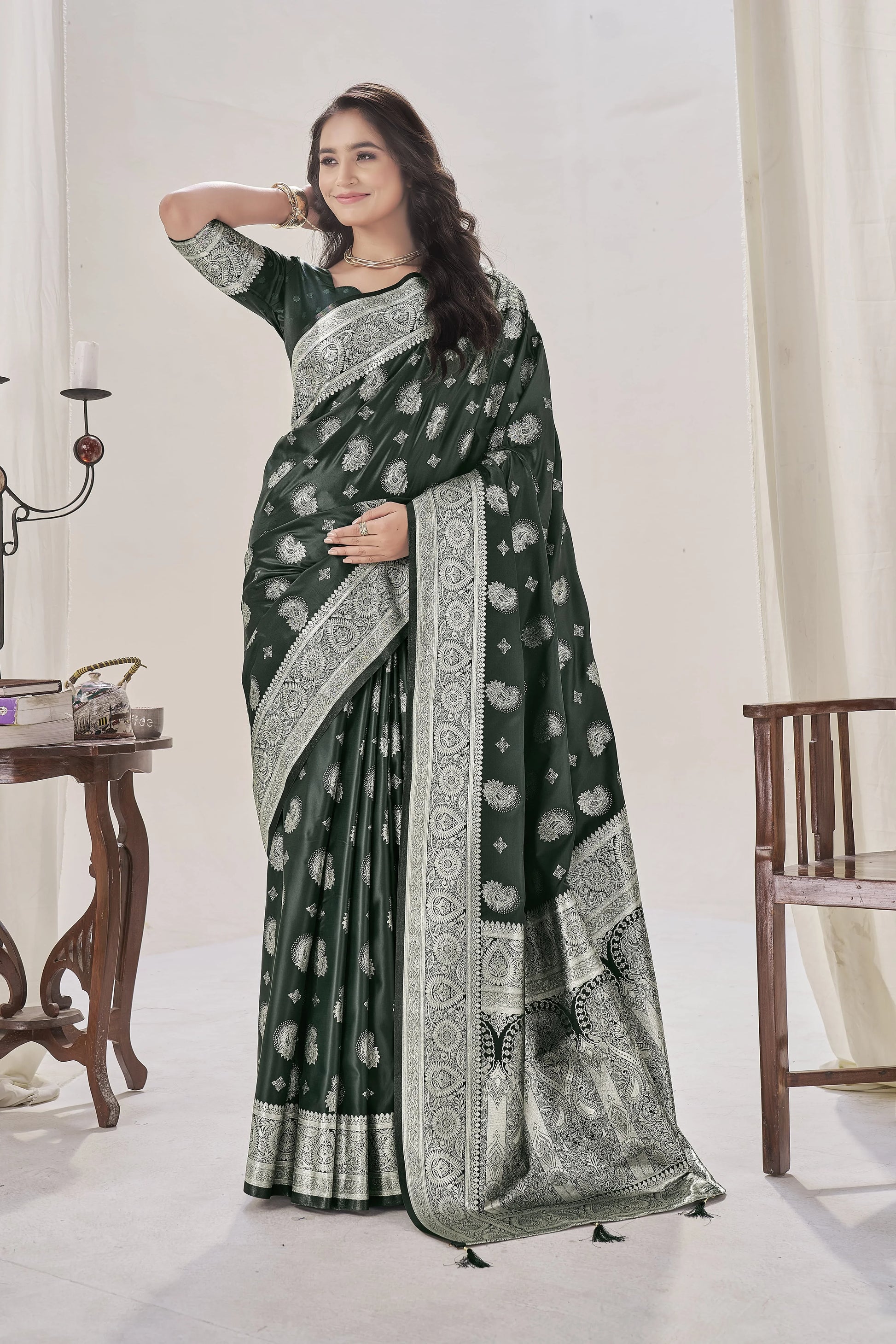 Deep Green Woven Satin Silk Saree - VELIZAA