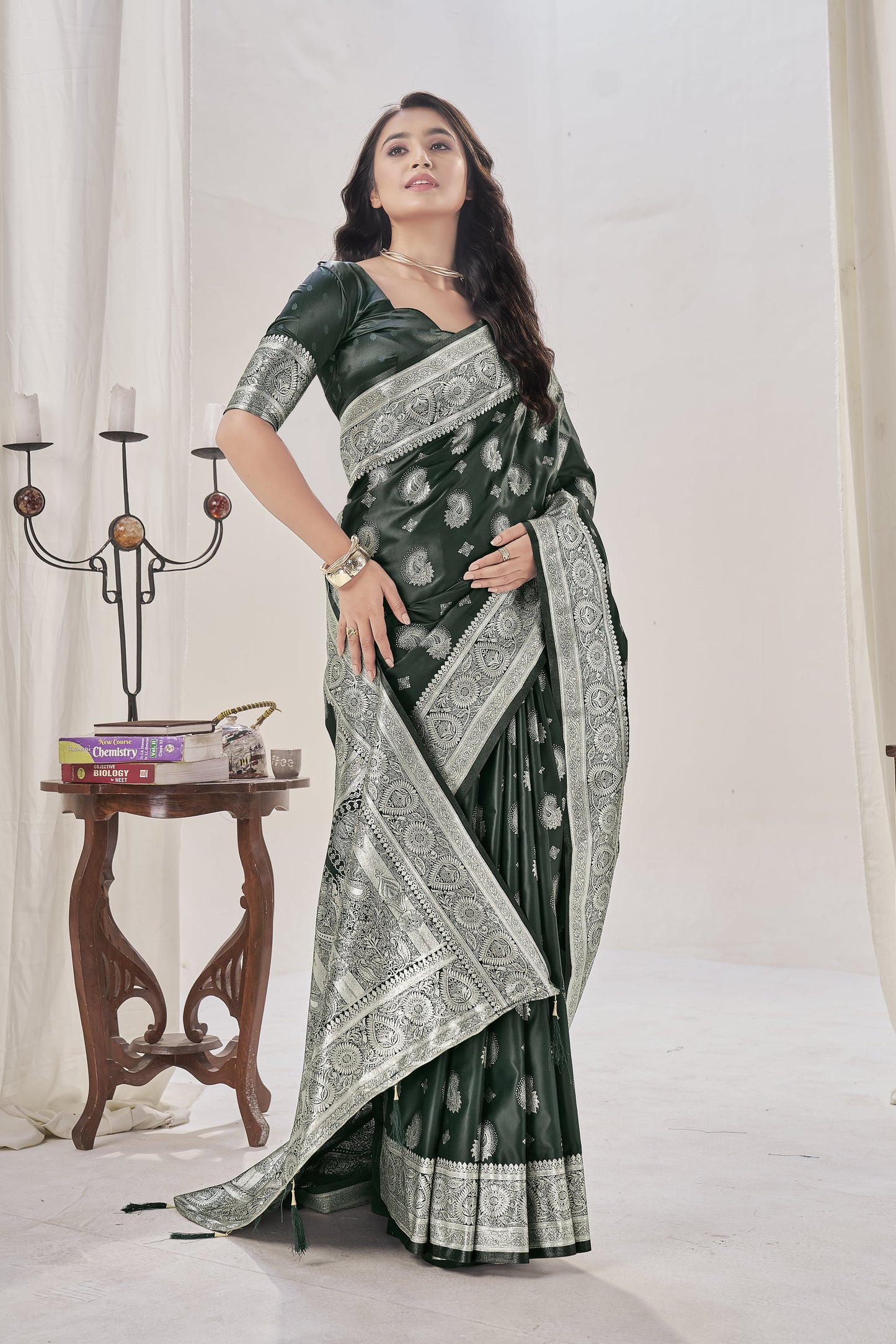 Deep Green Woven Satin Silk Saree