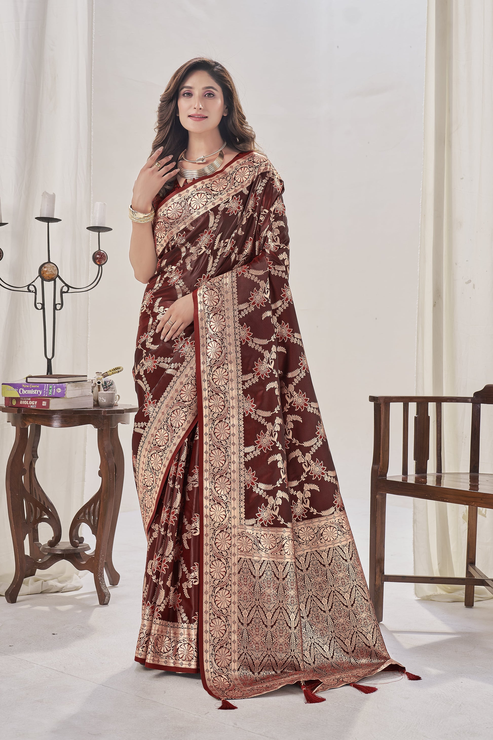 Maroon Woven Satin Silk Saree - VELIZAA