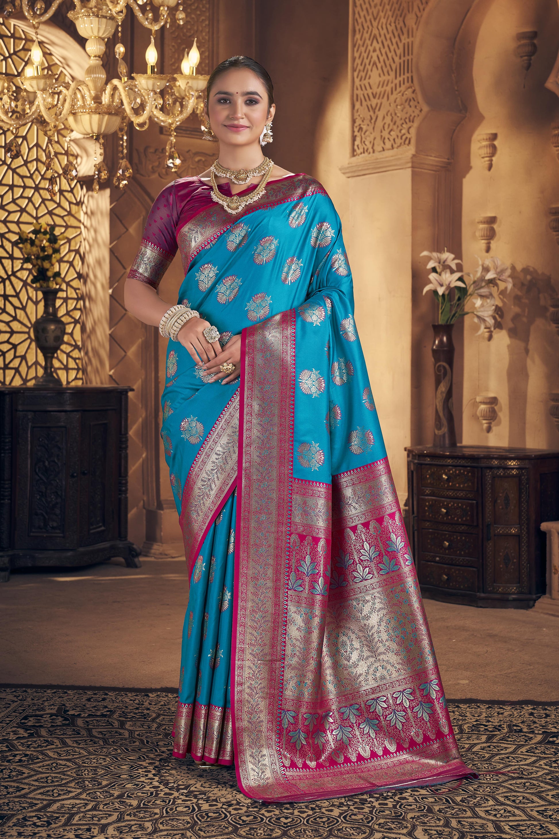 Teal Blue & Rani Pink Banarasi Silk Saree - VELIZAA
