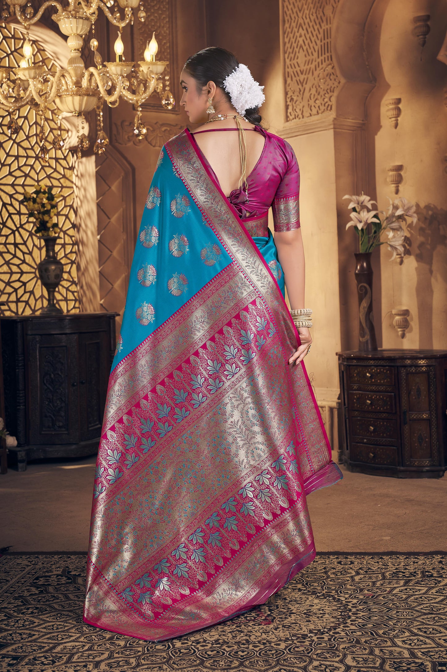 Teal Blue & Rani Pink Banarasi Silk Saree