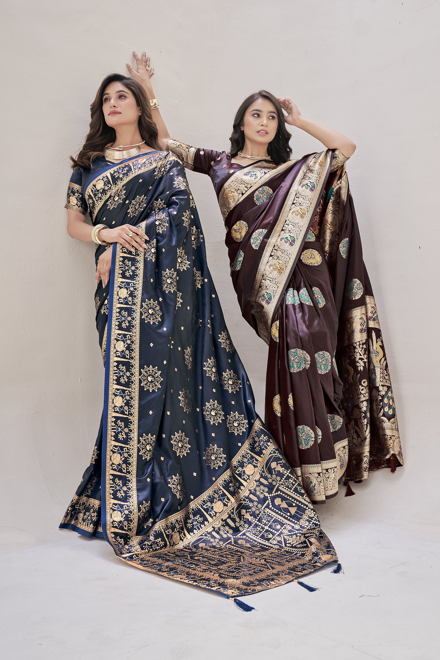 Maroon Satin Silk Saree with Multicolor Meenakari