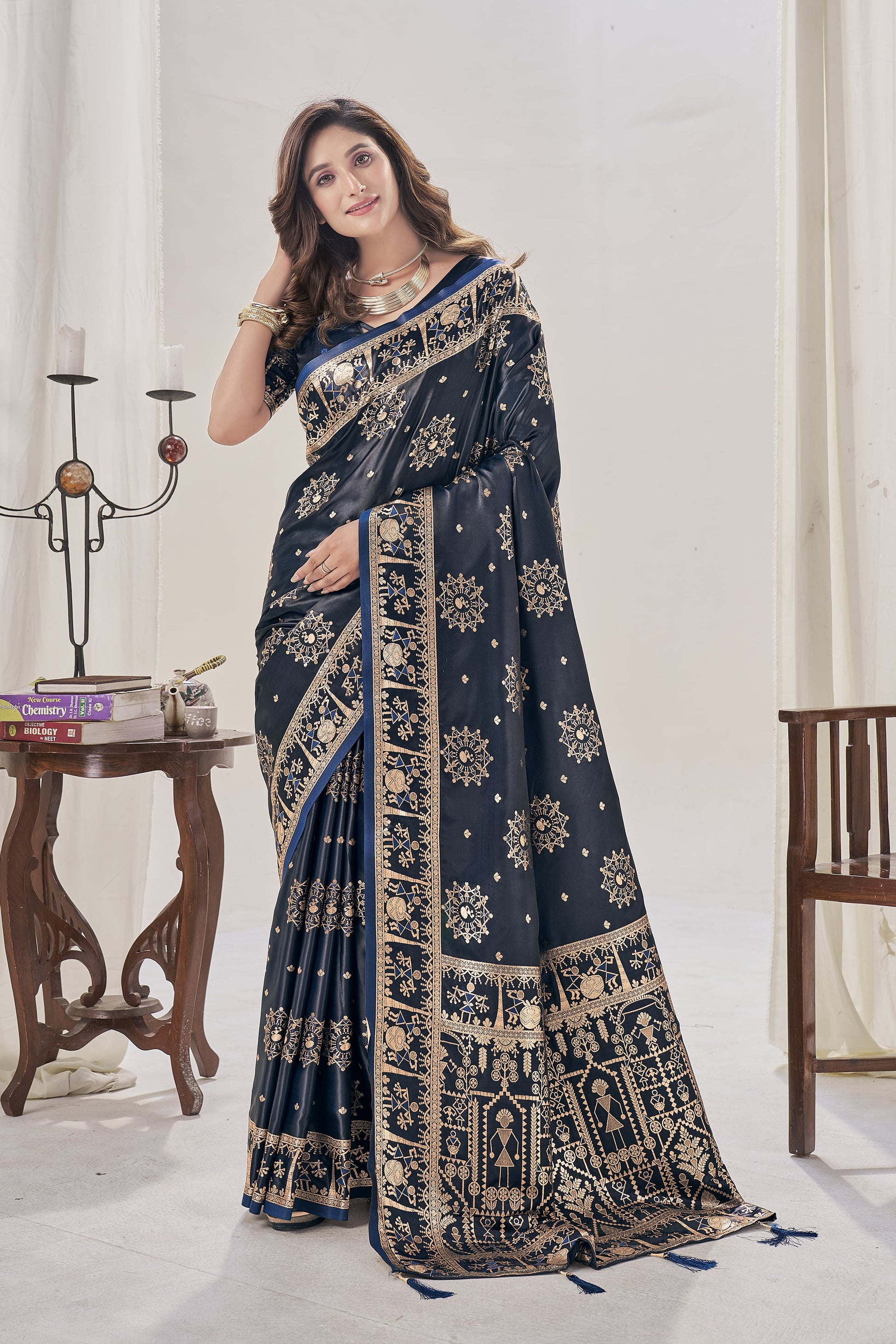 Midnight Blue Woven Satin Silk Saree - VELIZAA