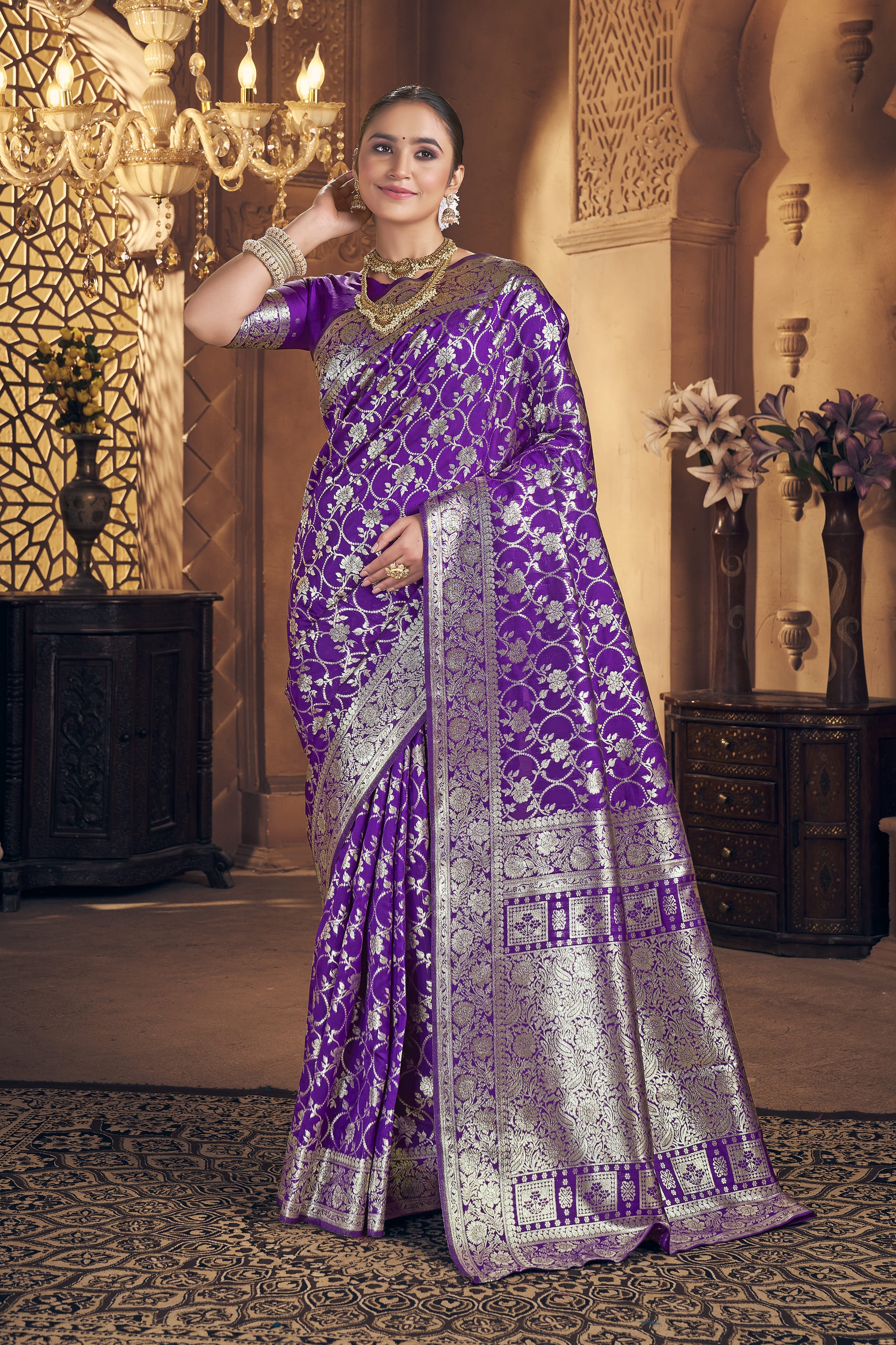 Majestic Violet Banarasi Silk Saree - VELIZAA