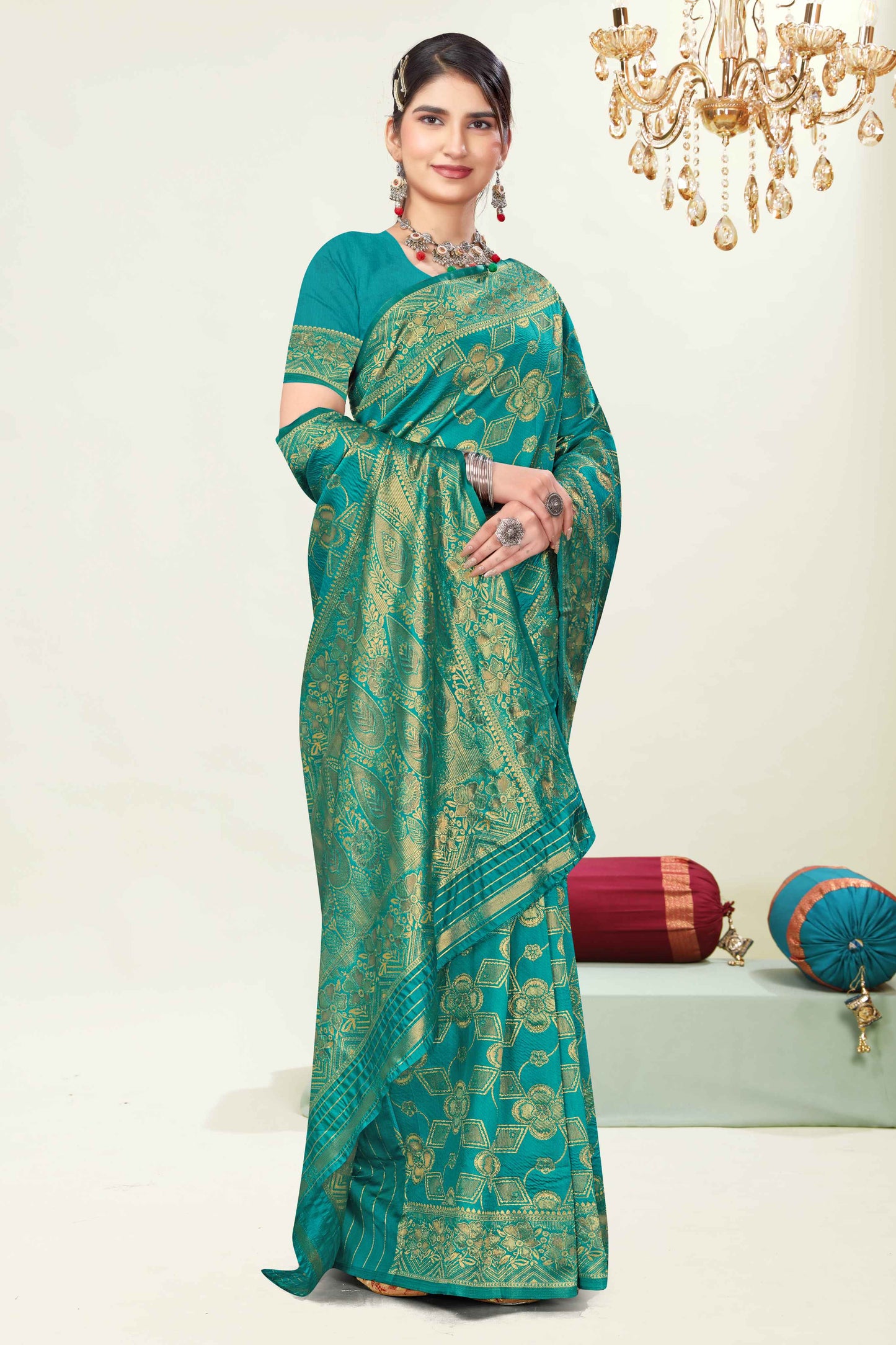 Royal Teal Golden Weave Banarasi Silk