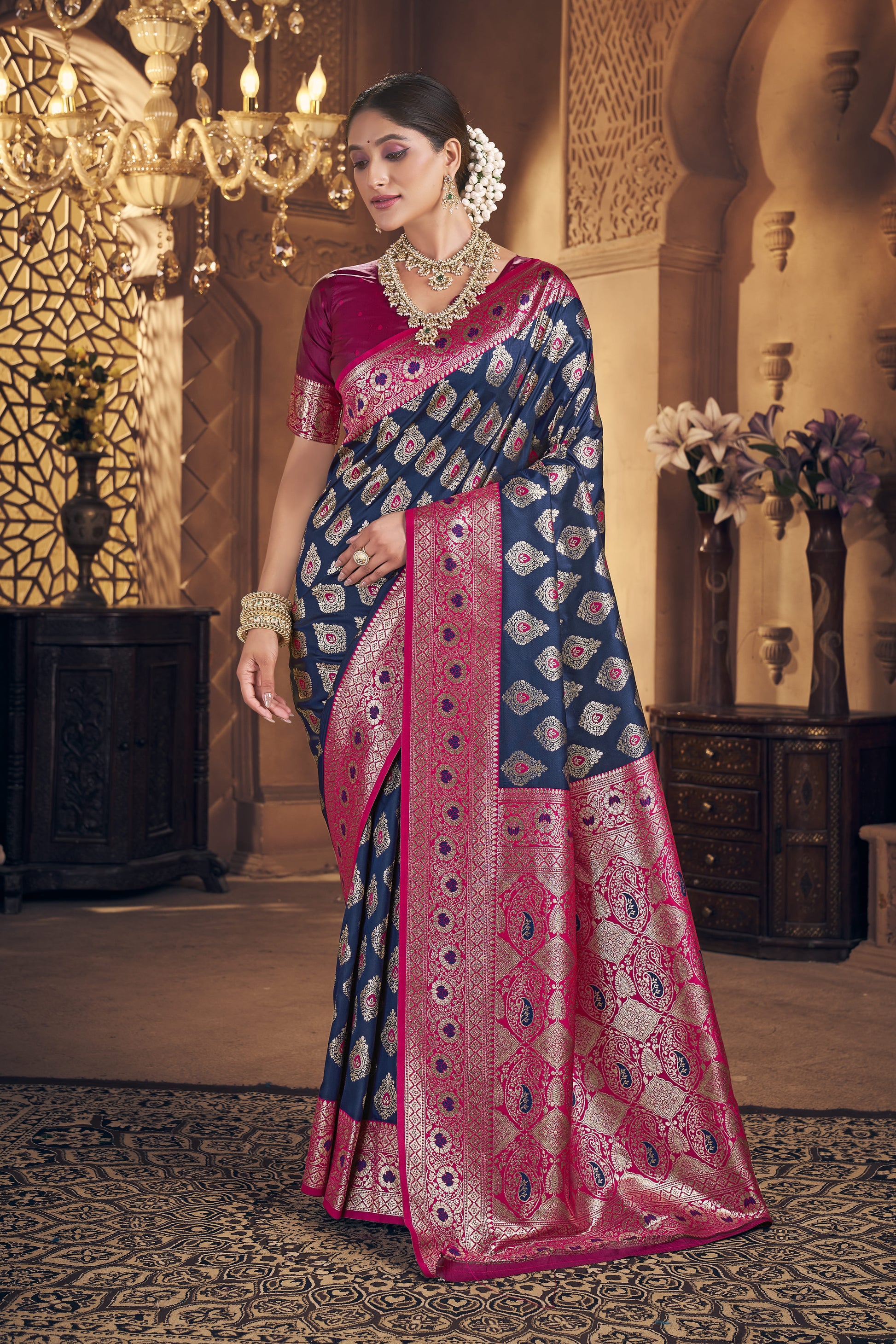 Navy & Rani Pink Banarasi Silk Saree - VELIZAA