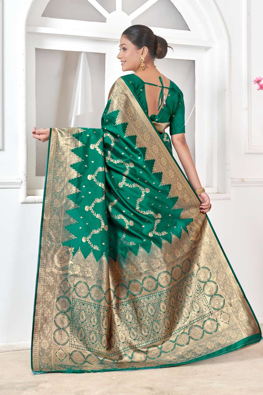 Emerald Green Gold Banarasi Silk Saree