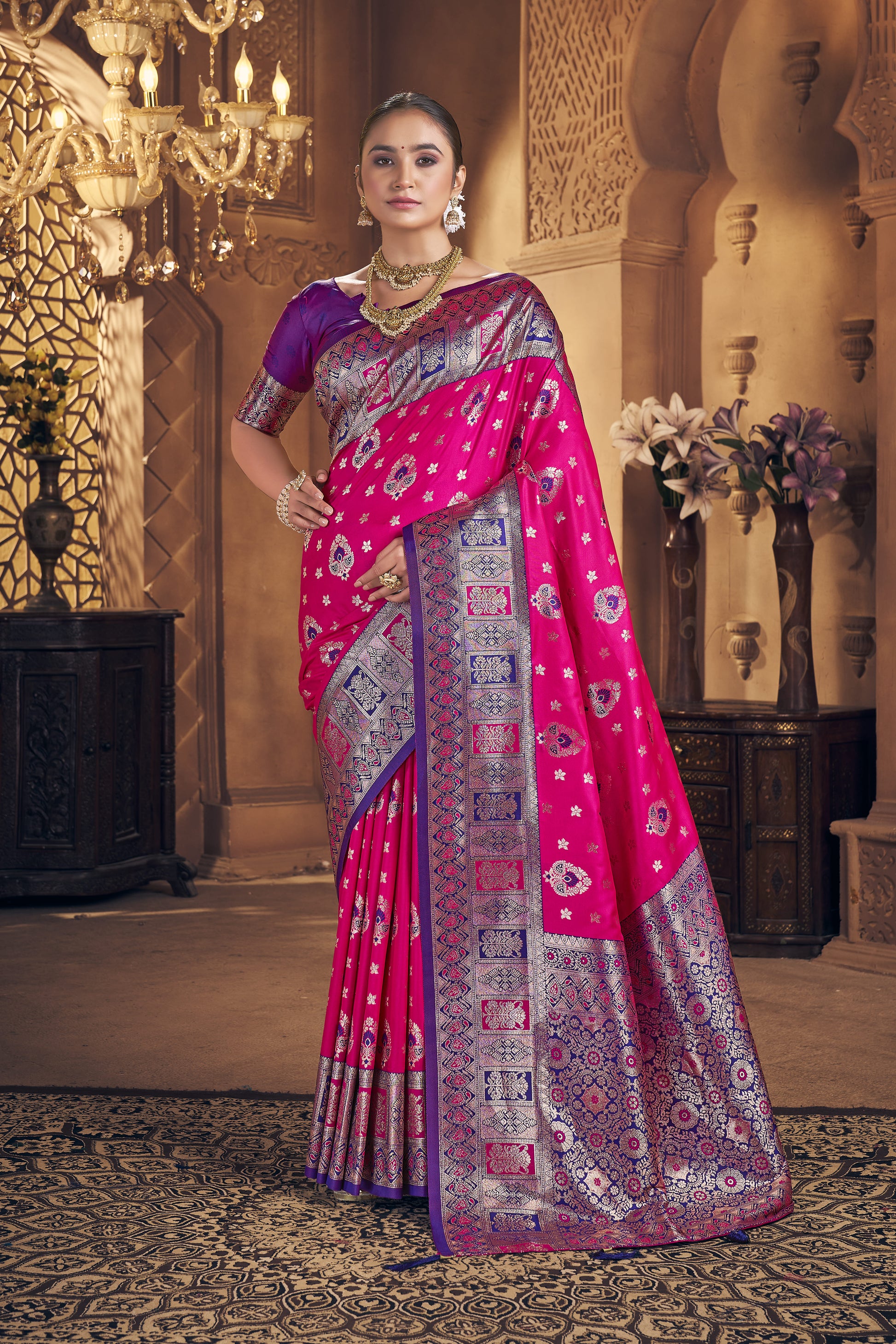 Rani Pink & Purple Banarasi Silk Saree - VELIZAA