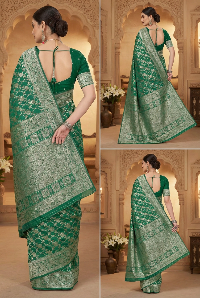 Emerald Dark Green Woven Banarasi Silk Saree